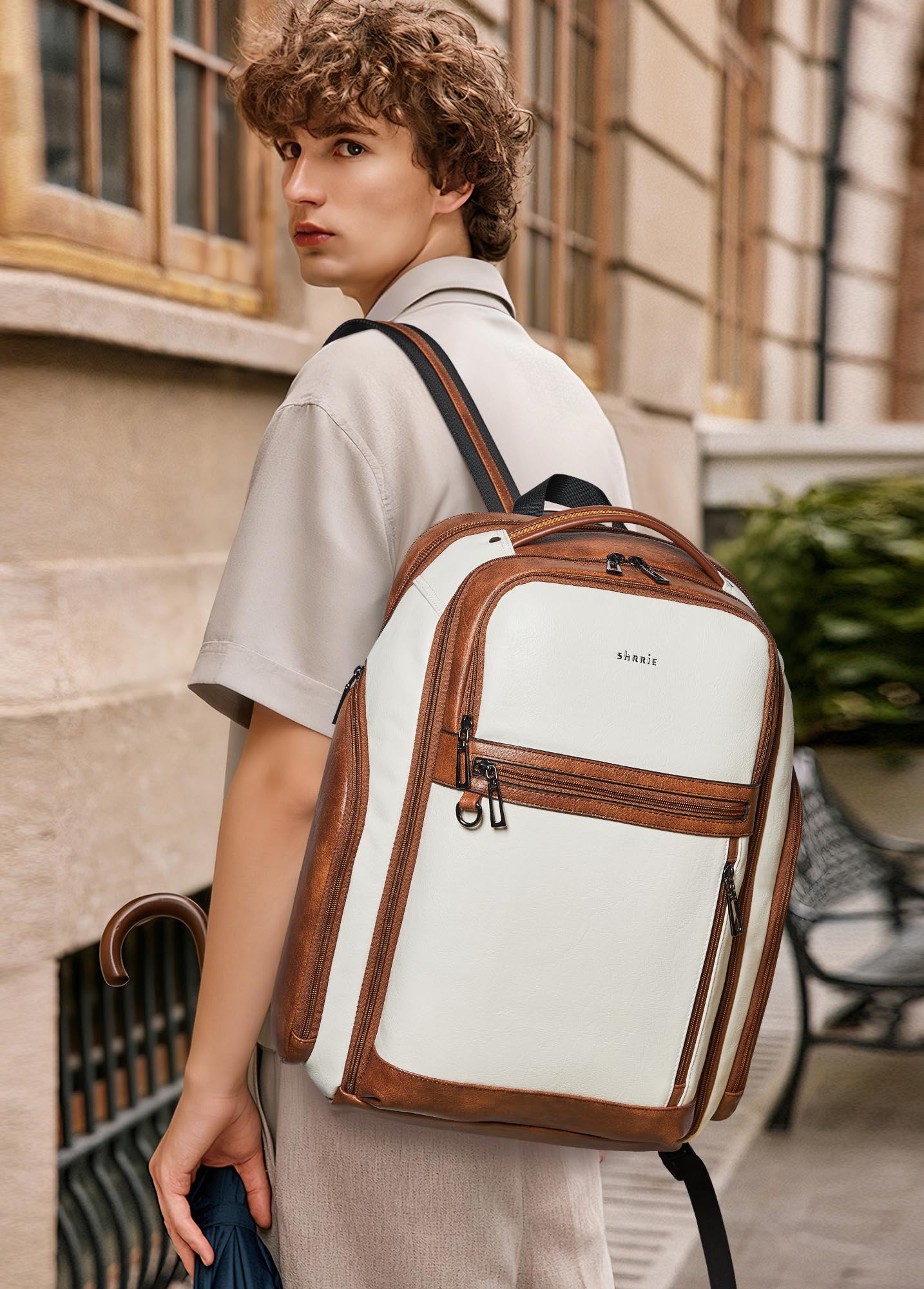 Shrrie Leather Backpack for Women, 17 Inch TSA Travel Backpack with USB Charger, 48L Expandable Large Capacity Computer Backpack Purse for Work Business Travel, Beige