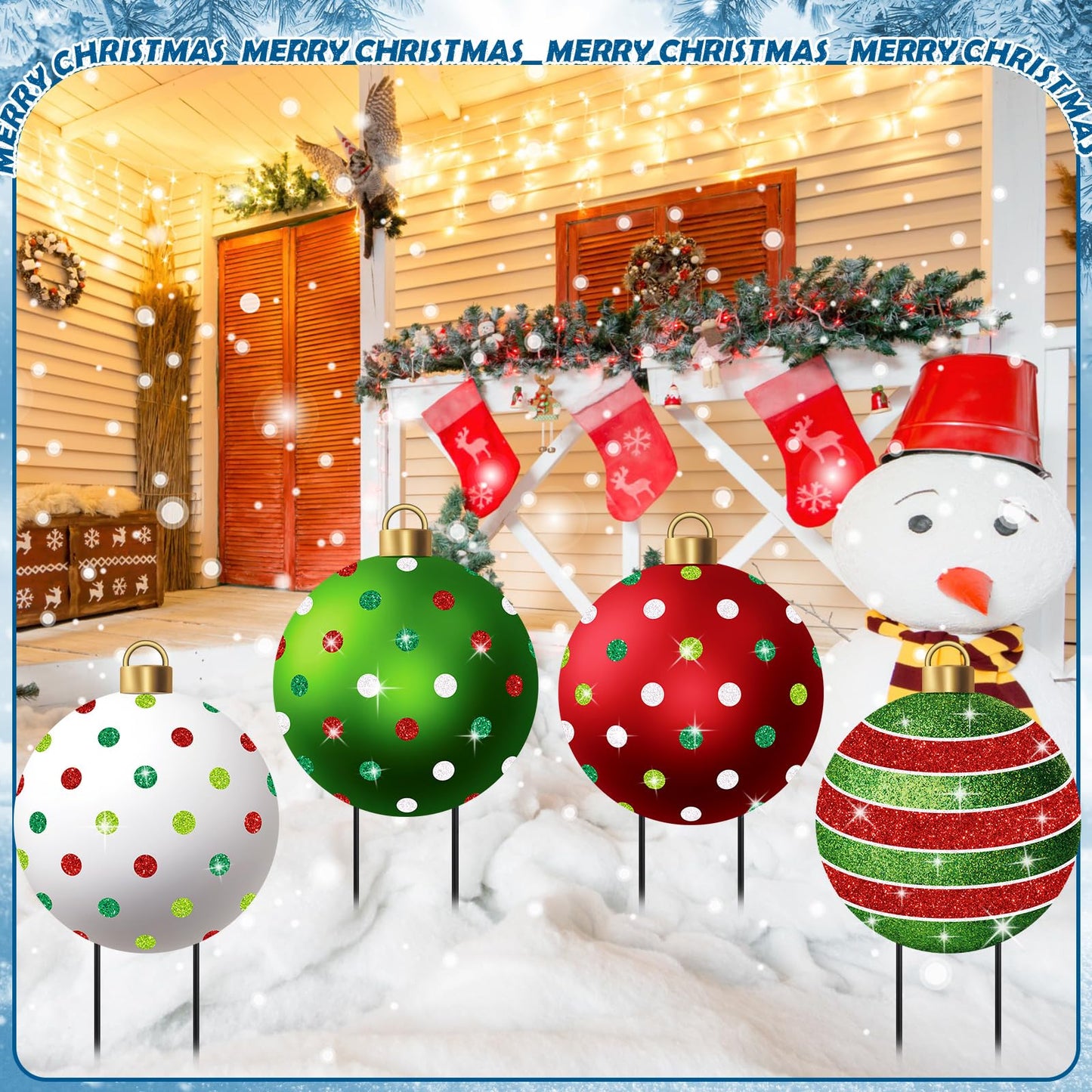 Nuanchu 4 Pcs Metal Christmas Balls Yard Signs Glitter Xmas Yard Sign Stake 21.3 Inches Xmas Waterproof Lawn Signs Christmas Outdoor Decorations for Outside Garden Patio Holiday Home Party Decor