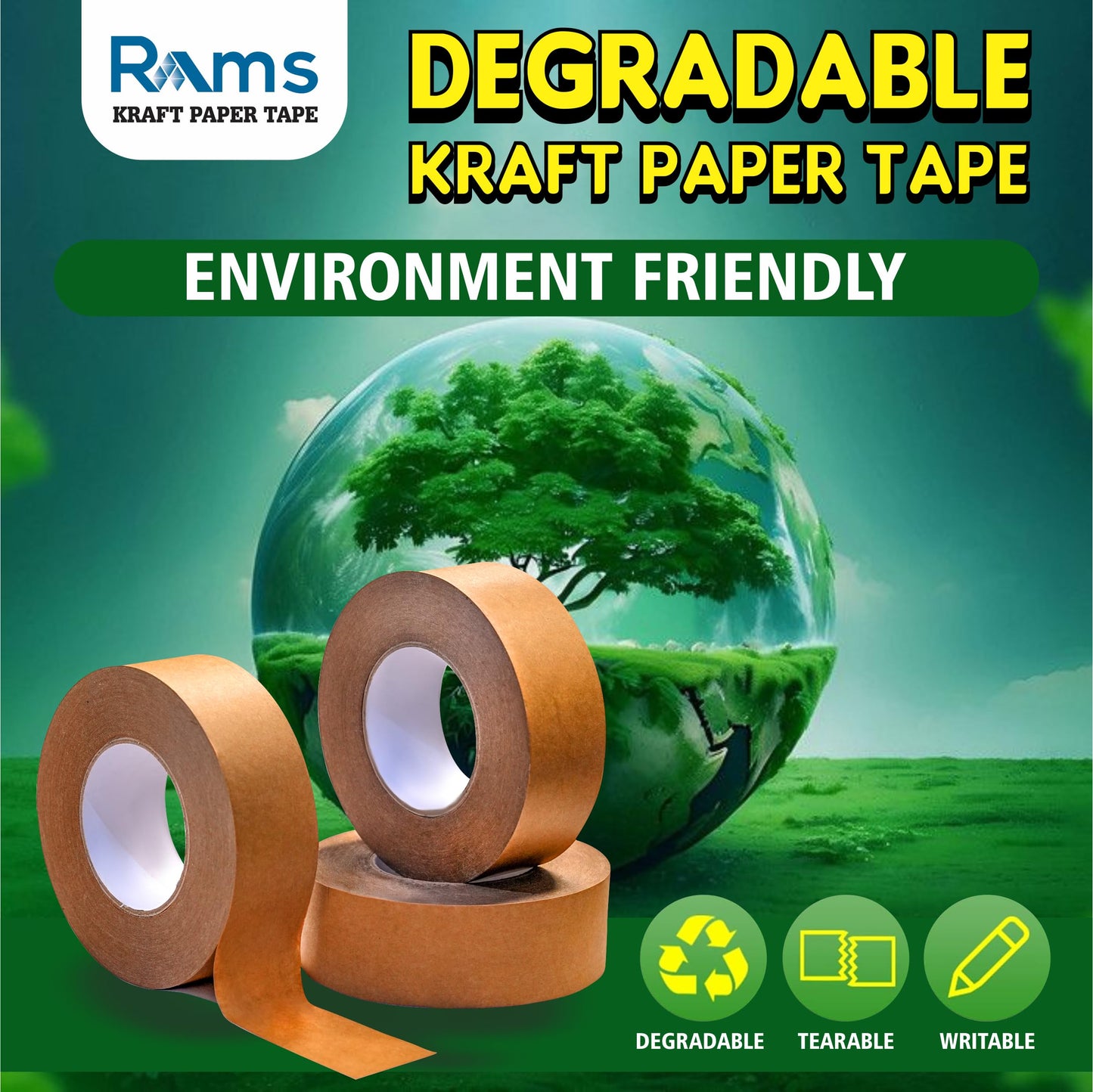 Rams Kraft Paper Packing Tape, Pack of 3, 1.88 Inch X 110 Yards (100 Metre / 328 Feet Per Roll) Total 330 Yards / 984 Feet, Big Roll for Shipping, Moving, Packing & Sealing