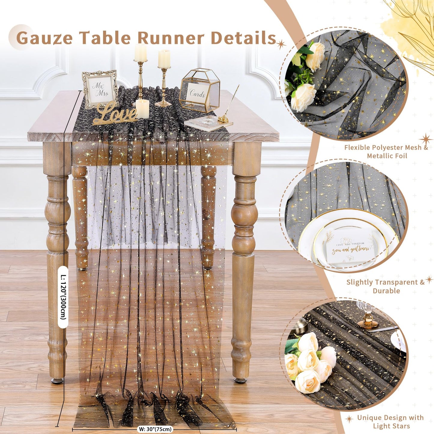 Black Gold Gauze Table Runner Centerpieces: Sparkling Gold Star 10ft Rectangular 3pcs Sequin Metallic Foil Sheer Tulle Cheesecloth for Seasonal Wedding Baby Shower Party