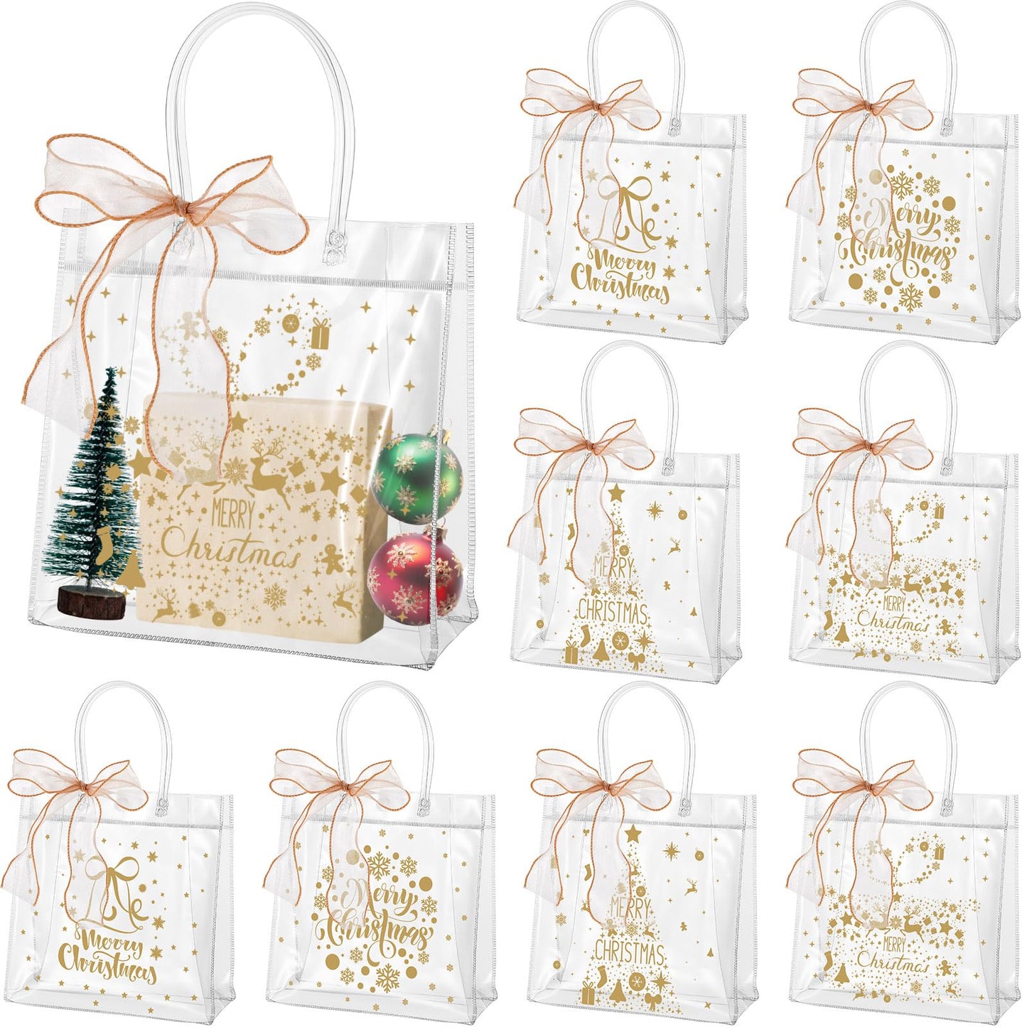 Henoyso 24 Pcs Gold Christmas Clear Gift Bags Plastic Goodie Candy Treat Bag with Handles PVC Gift Wrap Totes with Ribbon for Xmas Party Favors (7.8 x 7.8 x 3.1)
