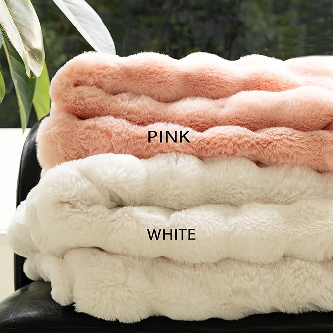 Luxury Faux Fur Throw Blanket 3D Bubble for Couch - Fluffy Blanket Double-Sided Non-Shedding, 60x80 Inches, Fits Bed/Car/Camping/Patio, Gift for Women,Room Decor,White