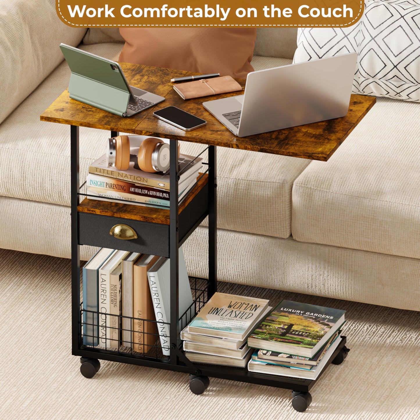 Rolling Coffee Table with Oversized Double-Wide Wood Top, Mobile Tv Tray with Storage Drawer and Wheels for Sofa, Portable Side Table for Living Room, Home Office, Spacious Desk for Working Studying