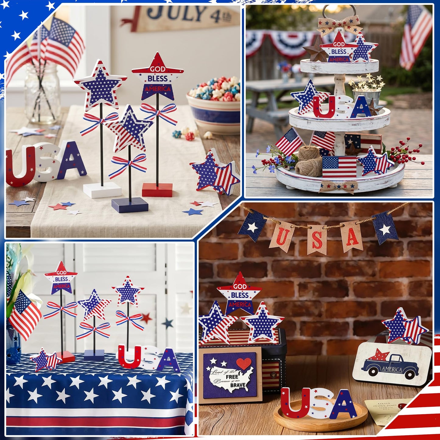 Elfcool 5Pcs 4th of July Table Decorations Wooden Star Set, Patriotic Memorial Day Table Centerpiece, Red White and Blue Independence Day Stand Decor for Home Office