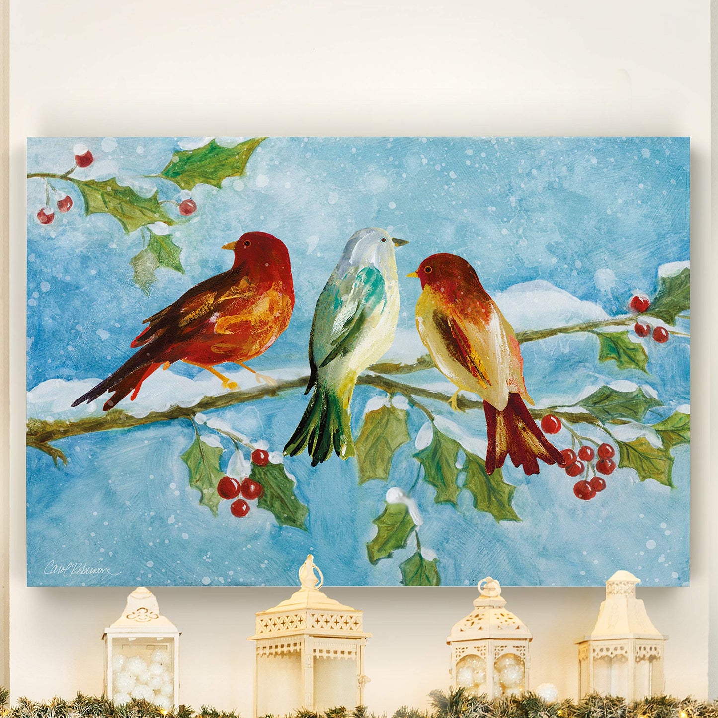 Renditions Gallery Animals Wall Art Paintings for Home Decor SnowBirds Sitting on Holly Tree Abstract Art Wall Hanging Prints for Bedroom Dining Living Room Office Home Kitchen Decor - 32"X48" LT18