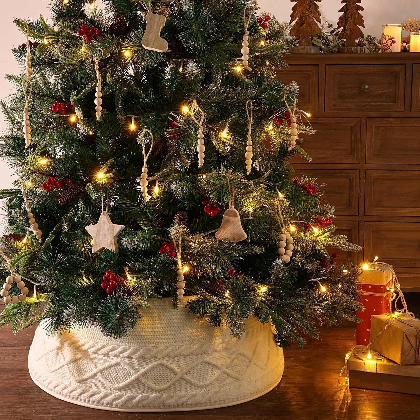 Treory Knitted Christmas Tree Collar: Cream Crossed Diamond Edge Chunky Cable Knit Christmas Tree Collars for Artificial Trees, Farmhouse Rustic Tree Ring Tree Skirt for Christmas Home Décor