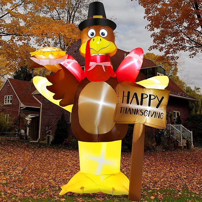 12FT Thanksgiving Inflatables, Super Huge Inflatable Turkey Holding Pumpkin Pie and Happy Thanksgiving Sign, Lighted Blow Up Turkey for Yard Decor Outdoor Lawn Garden Autumn Holiday Harvest