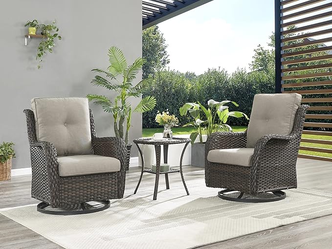 Rilyson Wicker Rocking Chair Swivel Chairs - 3 Piece Rocker Patio Furniture Set Rattan Rocking Bistro Sets with Glass Top Side Table for Outdoor Porch Deck Garden Backyard (Brown/Grey)