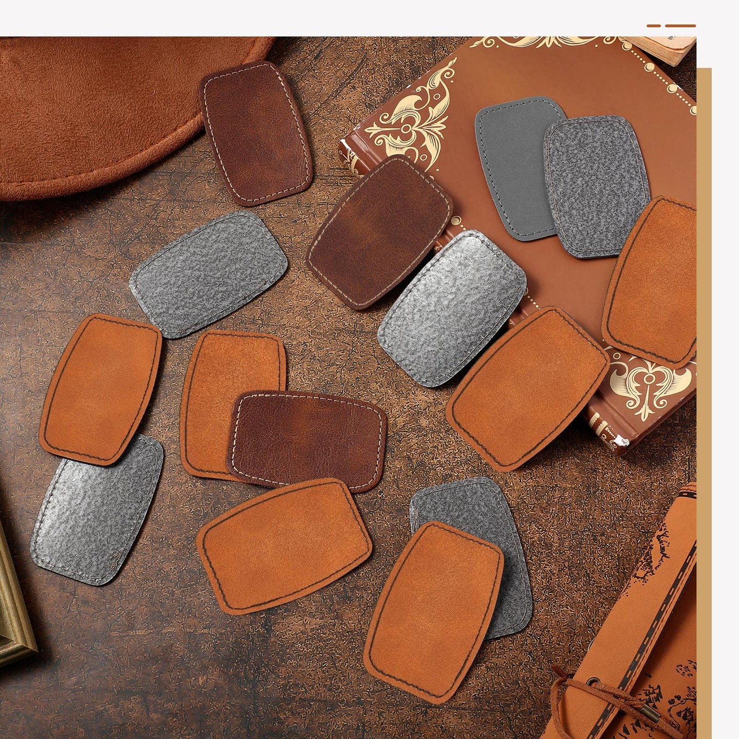 Dunzy 60 Pcs Blank Leatherette Hat Patches with Adhesive Rustic Rounded Rectangle Patch Faux Leather Patches for Hats Costumes Fabric Repair Sew Laser Supplies(Khaki, Gray, Brown,2x3inch)