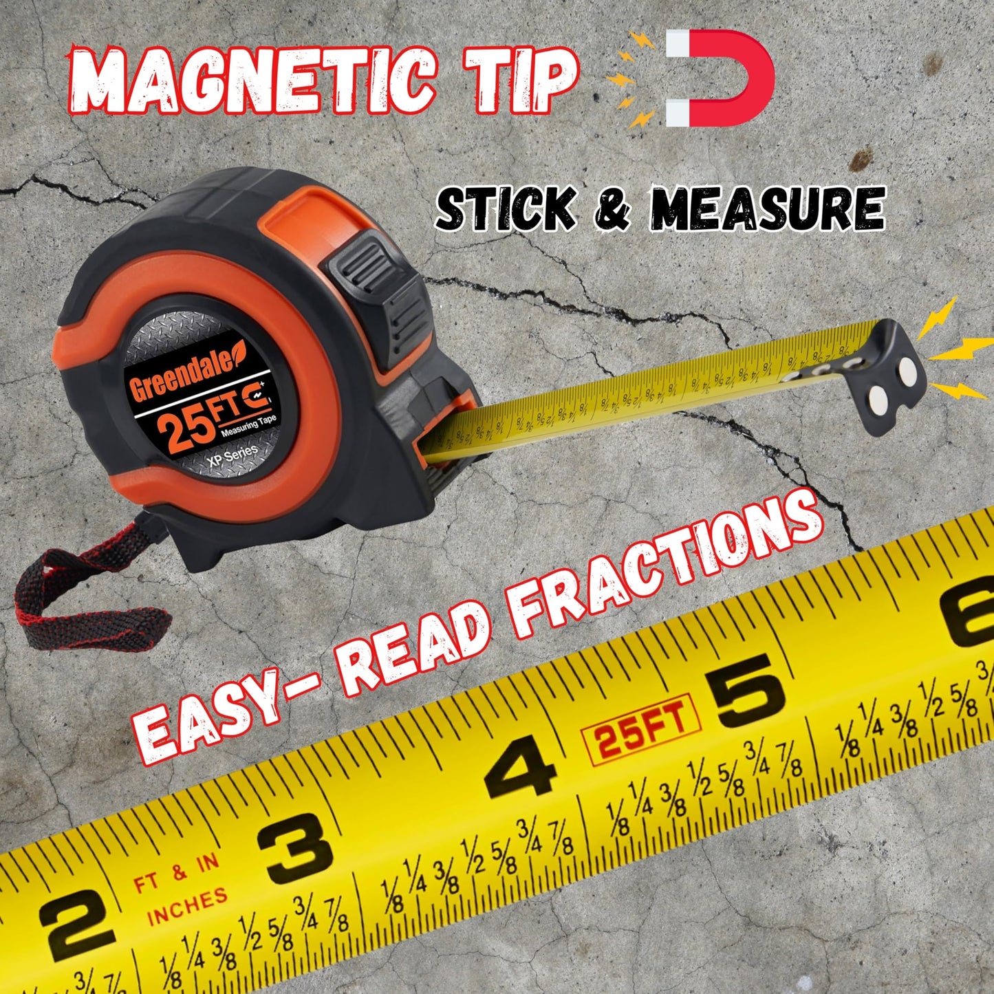 Greendale – 3 Pack Tape Measures 25 ft – Easy-Read Fractions, Magnetic Tip, Quick-Lock & Auto-Retract – Heavy-Duty Measuring Tape with Belt Clip – Red/Orange