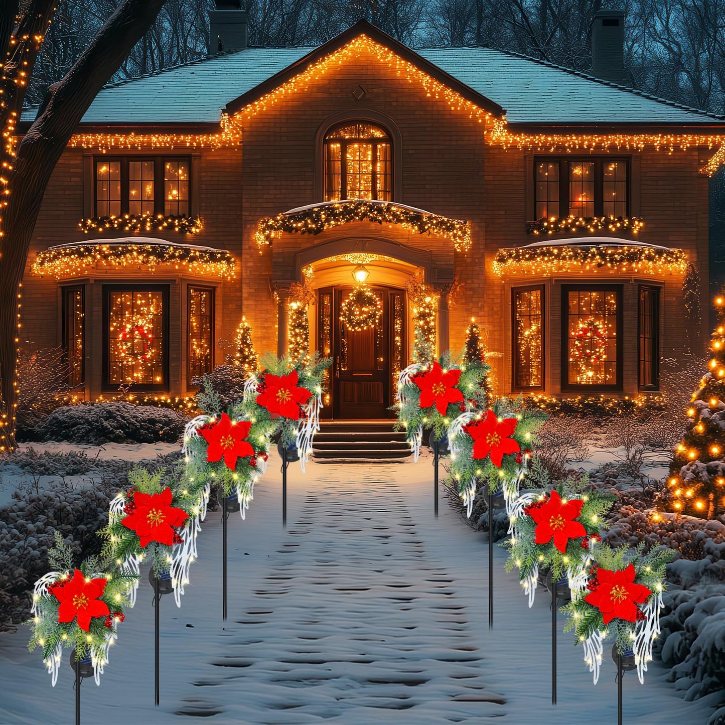 Solar Christmas Lights Outdoor Decorations, Angel Wings Garden Stake Lights Waterproof with Poinsettia Decor for Pathway, Patio, Yard, Lawn
