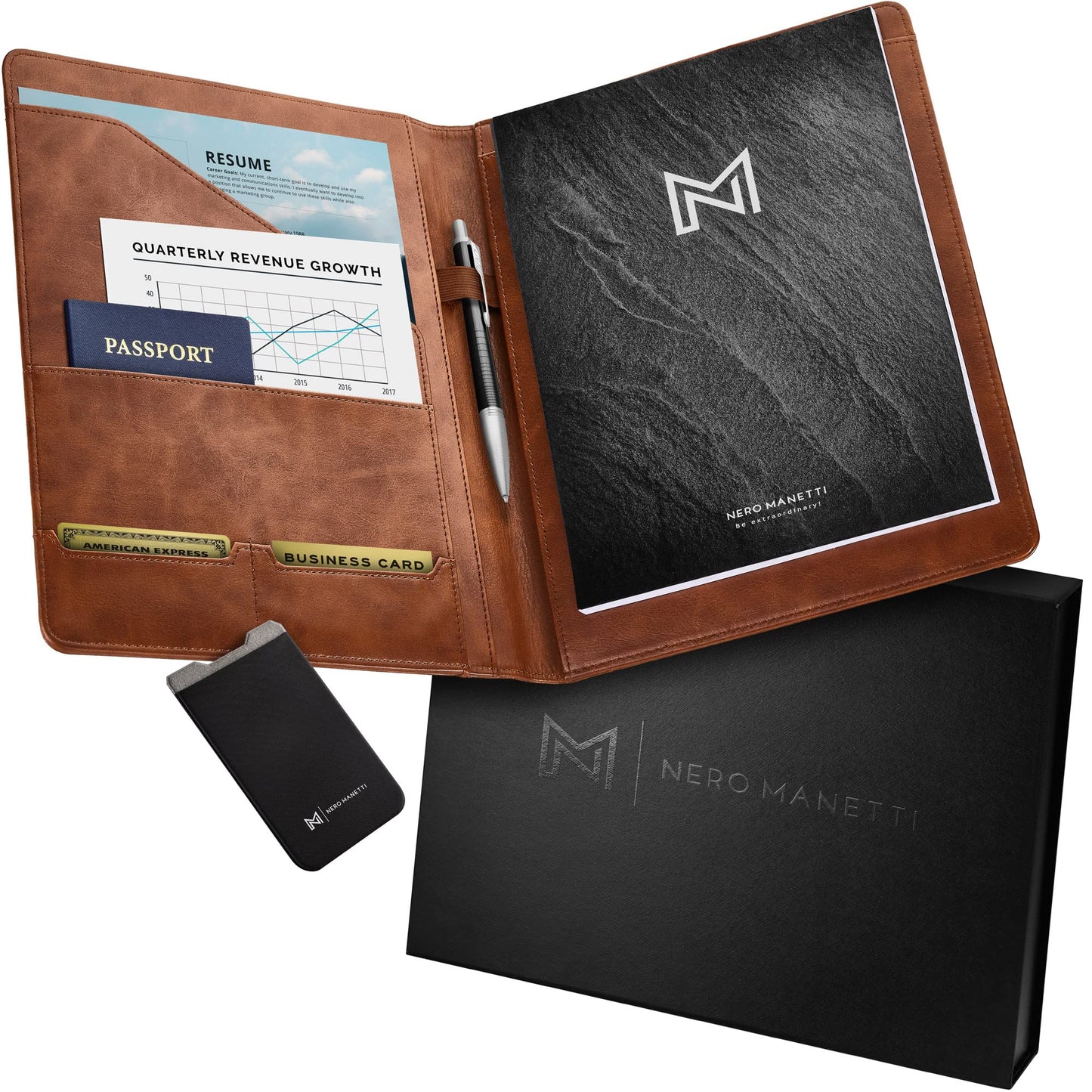 Nero Manetti - Leather Portfolio Folder - Business PU Leather Notepad Holder for Resumes, Legal Pad Executive Binder, Professional Padfolio Notebook for Women/Men (Brown)