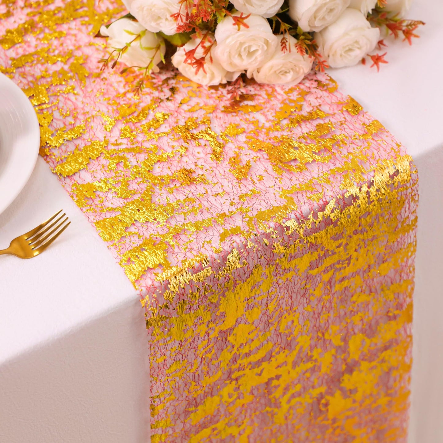 Snowkingdom 2Pcs Gold Table Runner, 11×108 Inch Red and Gold Sequin Glitter Foil Metallic Thin Mesh Table Runner, Sparkle Centerpiece for Wedding Party Birthday Holiday Kitchen Dinner Decoration