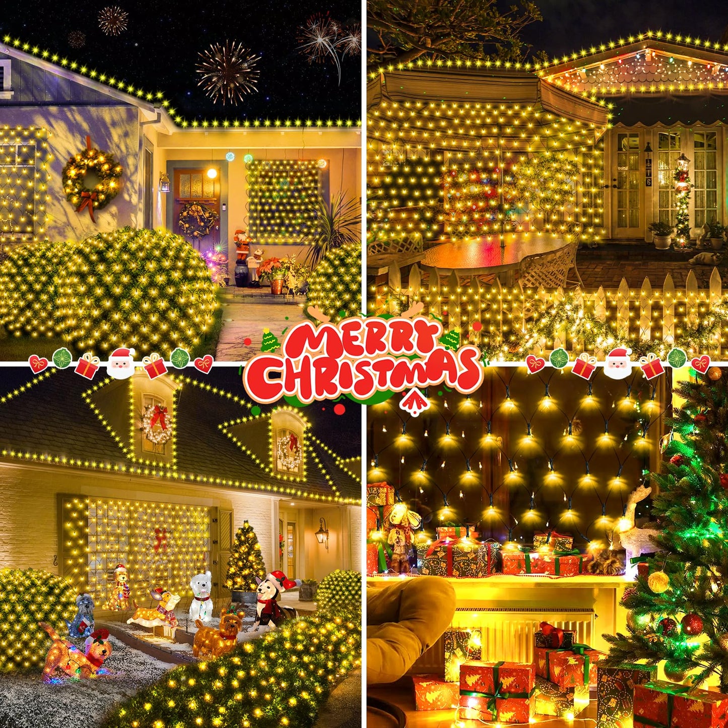 Hezbjiti Christmas Net Lights Outdoor 200 LED 6.9FT x 5.4FT Green Wire with 8 Modes, Connectable Plug in Waterproof, Timer Memory Function for Xmas Tree Bushes Porch Lawn Windows Decor(Warm White)