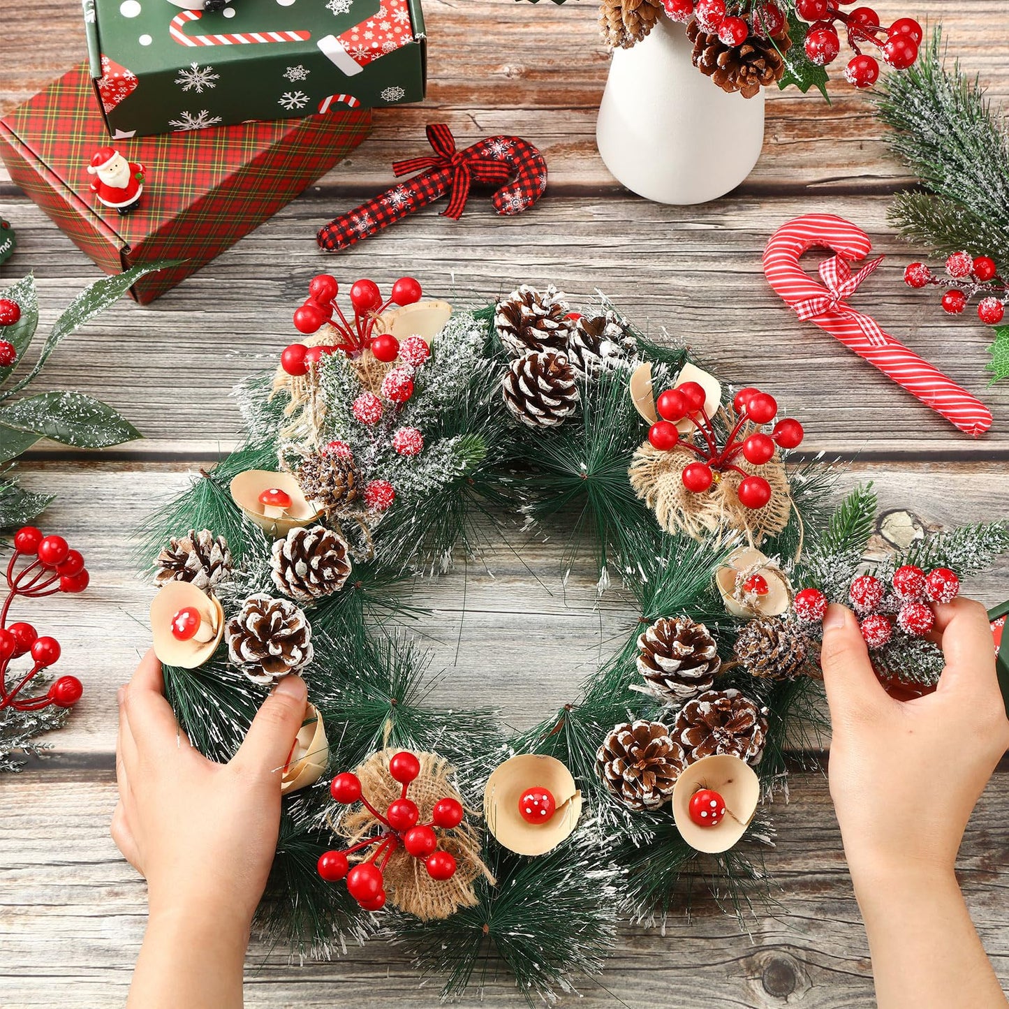 Cindeer 16 Pieces Christmas Artificial Pine Picks, 11 Inch Assorted Red Fruit Floral Picks Stems Berry Holly Berry Branches Pine Picks and Sprays for Xmas Floral Tree Christmas Wreath Winter Holiday