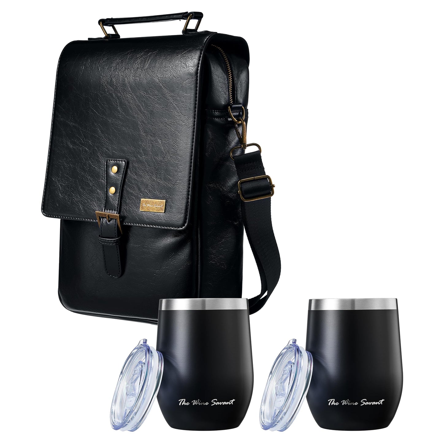 2 Bottle Insulated Wine Tote Bag with Tumblers, Leather Carrier Purse with Dividers, Leakproof Cooler, Adjustable Shoulder Strap & Pockets, Travel, Picnic, Beach, Hiking, Gift for Men & Women
