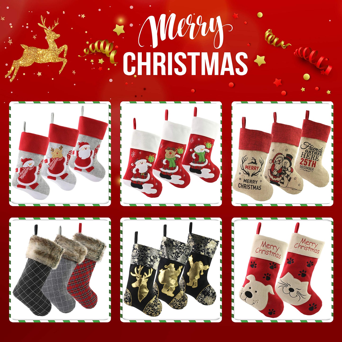 WEWILL 18’’ Cat Felt Christmas Stockings Paws Embroidered for Pets Kitty Red Xmas Stocking Gift Bag Cuff Lovely Home Holiday Decoration