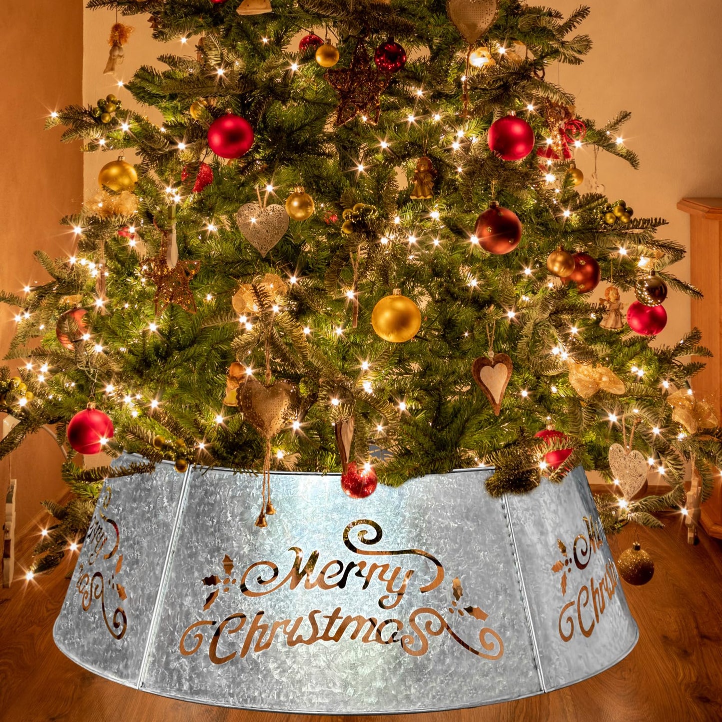 WKHOMEDECO 35.5" Large Metal Christmas Tree Collar - Christmas Tree Collars for Artificial Trees, Metal Tree Collar with Laser-Cut Merry Christmas Pattern,Extra Wide Adjustable & Pet-Safe (Galvanized)