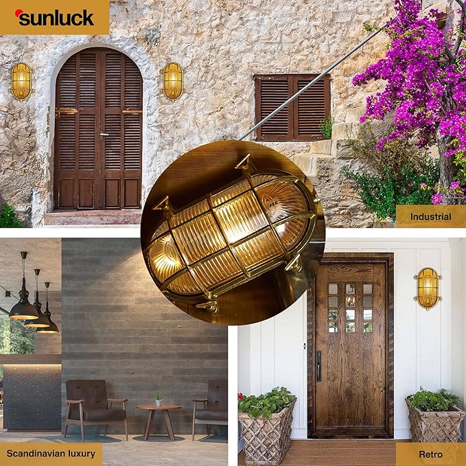 Sunluck Brass Bulkhead Light,Grid Oval Nautical Wall Light,Lampshade,Ceiling Mount Lighting,Sauna Light Waterproof IP65,Rust Resistant,for Wet Location Bath,Seaside,Ship,Basement,Garage