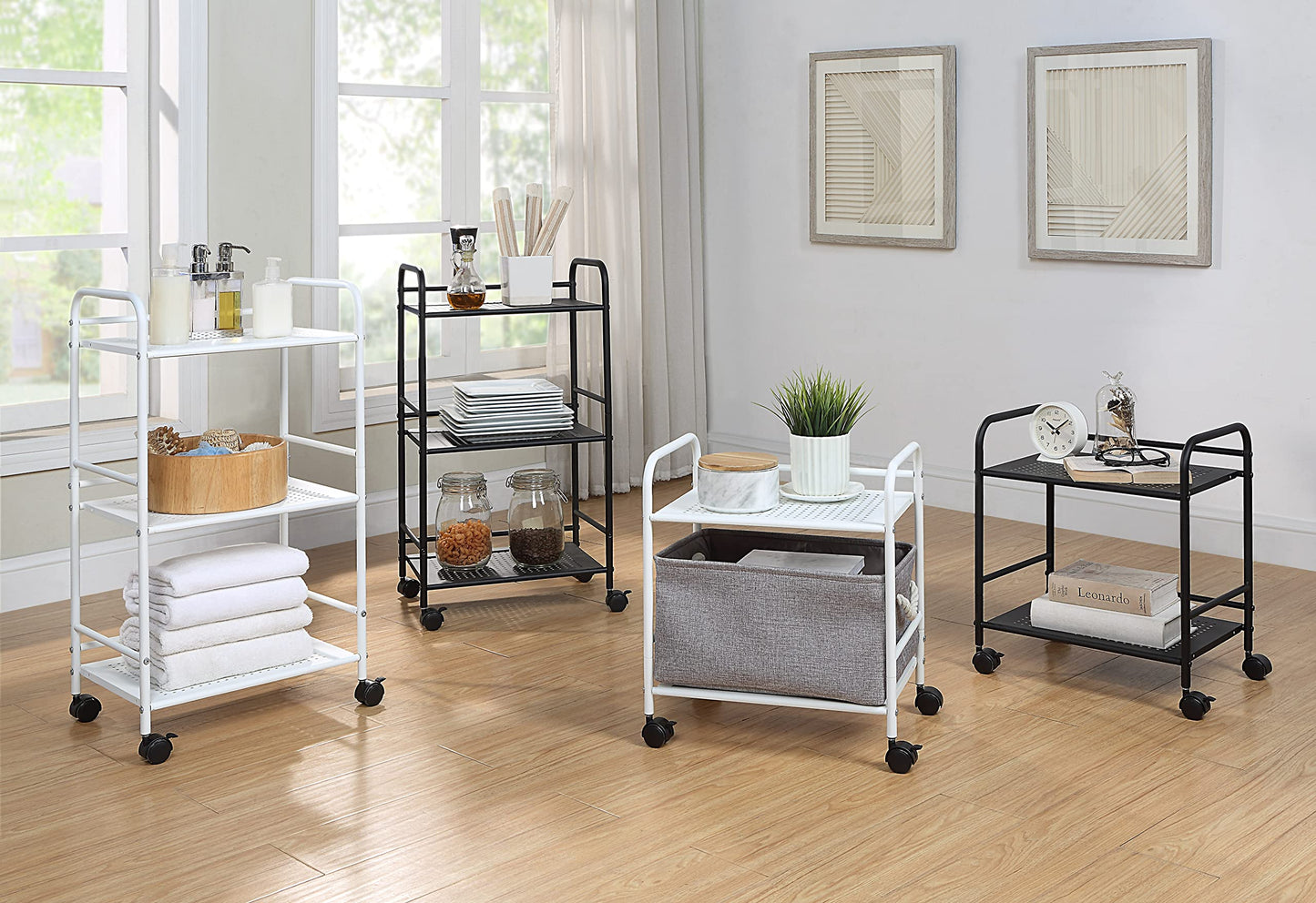 SunnyPoint 2-Tier Metal Rolling Utility Cart – Mobile Storage Shelf with Caster Wheels – Small Space Organizer for Home, Office, Bedroom, Kitchen (BLK)