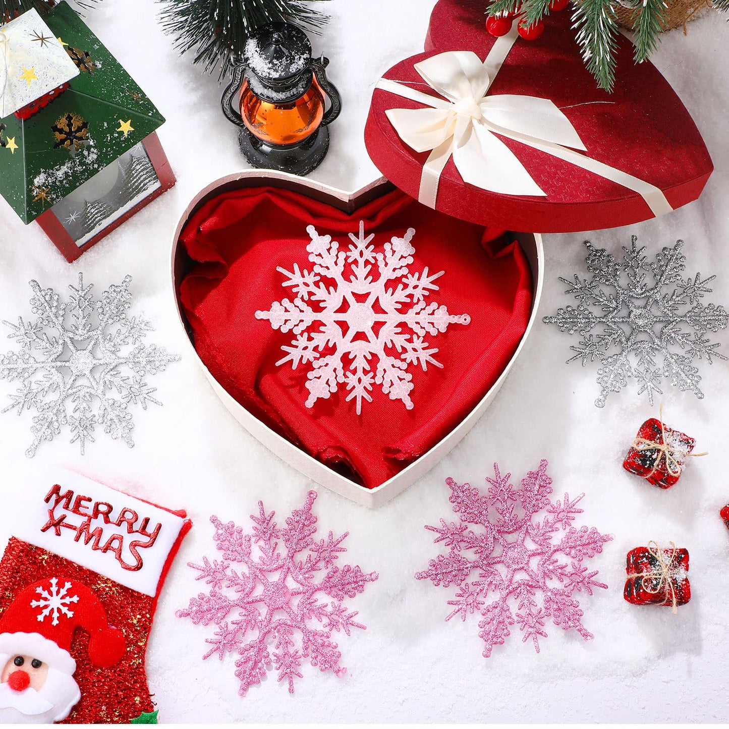 Sumind 36 Pieces Winter Plastic Glitter Snowflake Ornaments 4.92 Inch Pink, Silver, White, Snowflake Large Holiday Tree Decorations with 36 Pieces Ropes for Christmas Tree Wedding