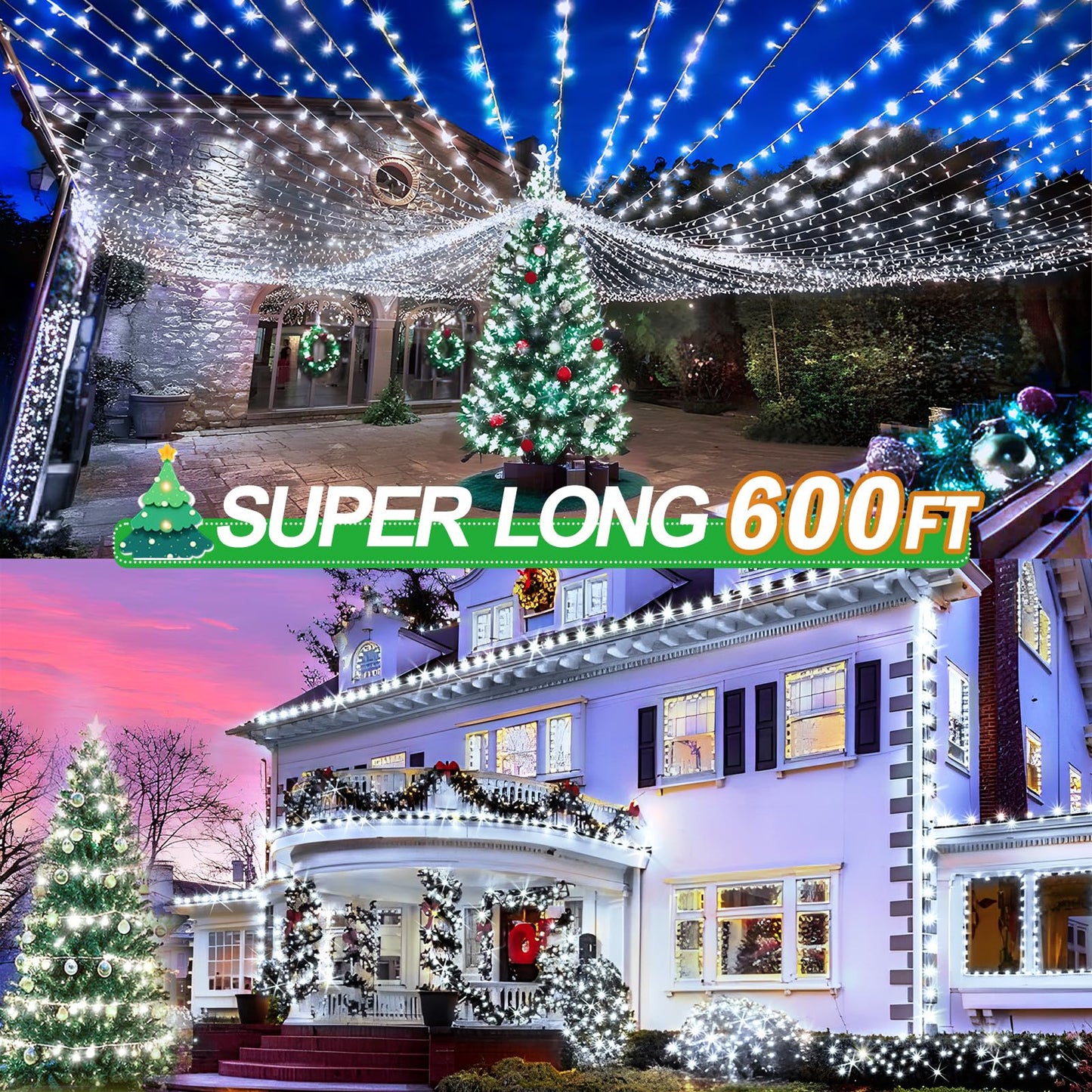 KNONEW 600ft 1500 LED String Lights Outdoor Christmas Lights 8 Modes & Timer Fairy Light Plug in Waterproof LED String Lights for Xmas Yard Tree Wedding Party Holiday Decorations (Cool White)