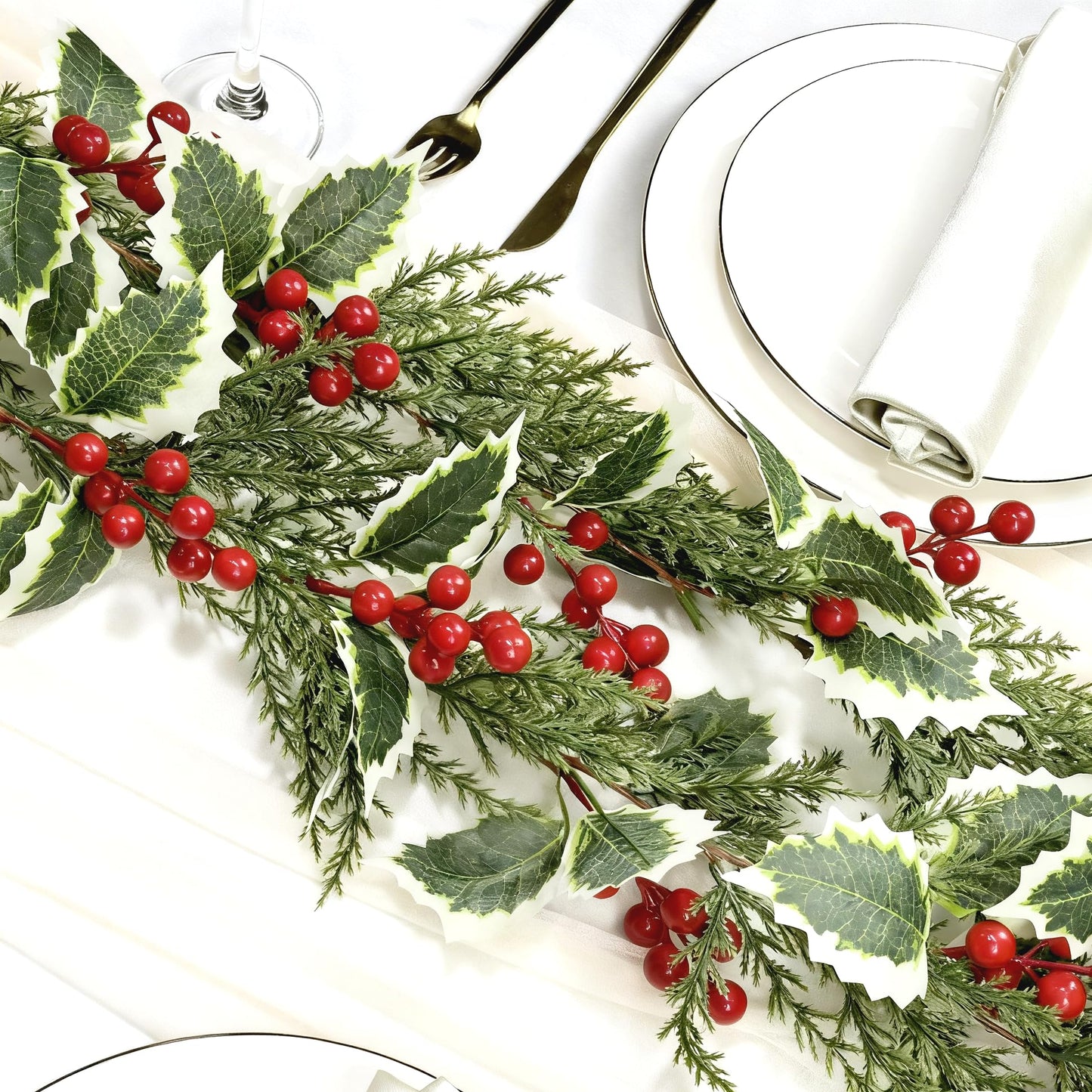 2Pcs 5.7Ft Artificial Christmas Garlands, Red Berry Greenery Leaves Xmas Garland for Mantel Fireplace Holiday Winter Xmas Decor