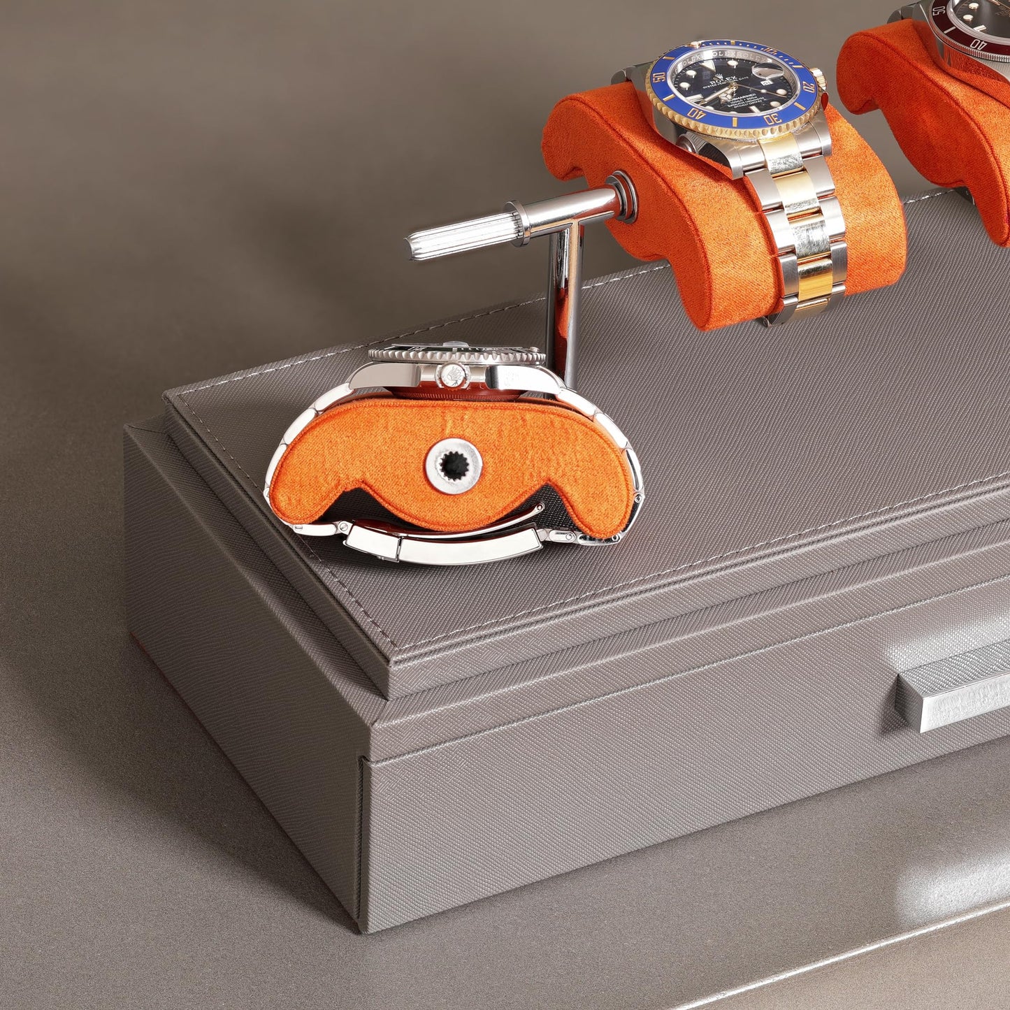 ROTHWELL Luxury Watch Display Case for 4 Watches – Leather Watch Box with Acrylic Cover and Removable Slide in Cushions – Accessory Drawer with Multiple Configurations (Grey/Orange)