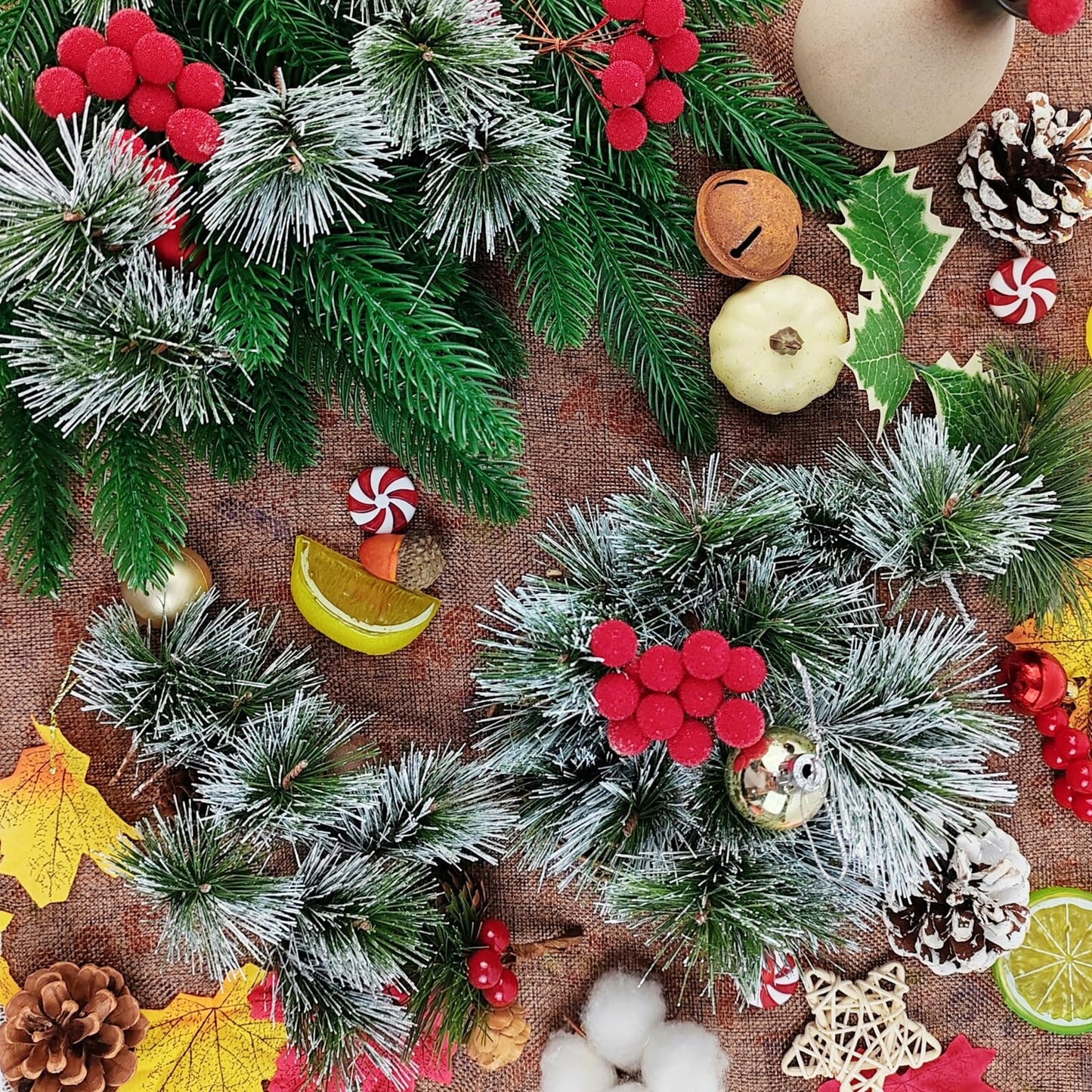 NSBELL 35PCS Artificial Green Pine Needles Branches, Small Pine Twigs Stems Picks, Fake Greenery Pine Picks for Christmas Garland, Wreath, Home Holiday Decoration (Green and White)