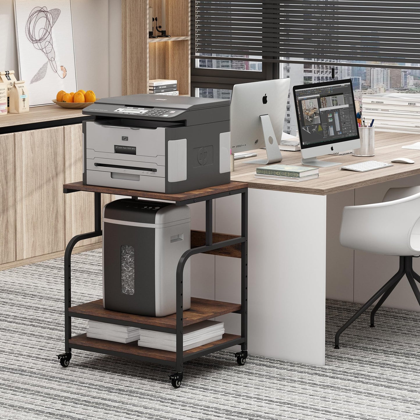 Fannova Large Printer Stand with Adjustable Storage Shelf, 3 Tier Printer Cart with Wheels for Home Office Organization, Rolling Table Stand for Heat Press Mini Fridge, Industrial Style