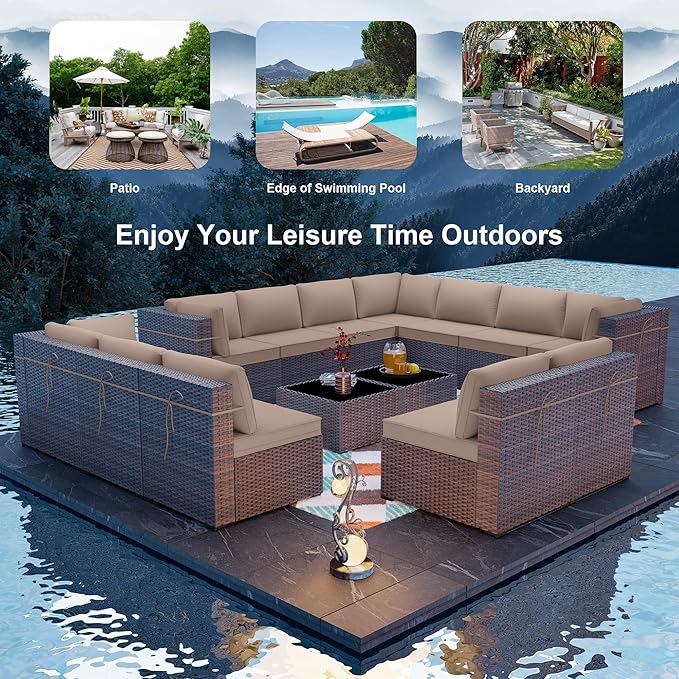 ALAULM 14 Pieces Outdoor Patio Furniture Set Sectional Sofa Sets Brown PE Rattan Patio Conversation Set w/12 Khaki Seat Cushions and 2 Coffee Tables