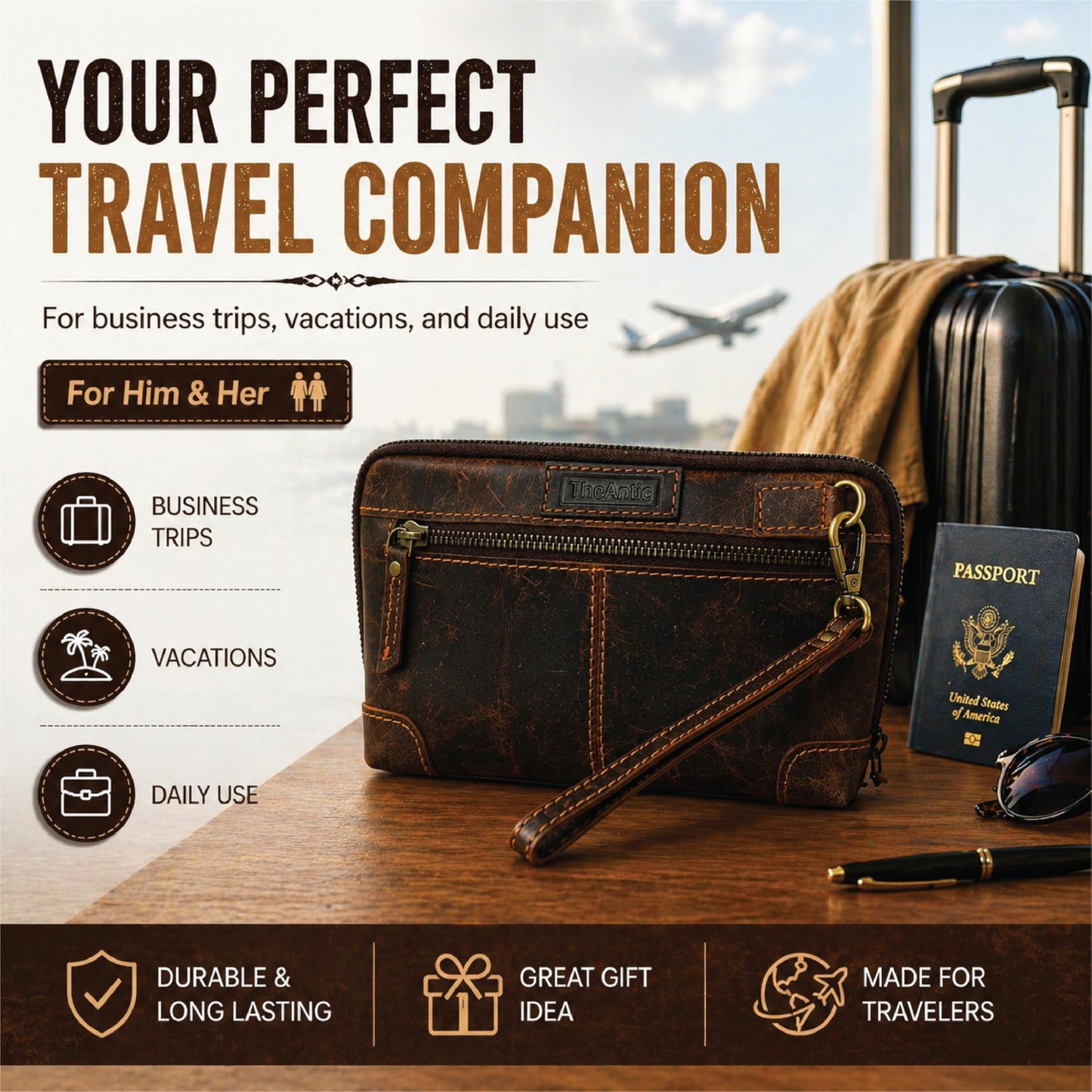 TheAntiq Genuine Leather Makeup Bag Travel Organizer, Premium Handcrafted Cosmetic Pouch with Zipper & Wrist Strap, Durable Toiletry Storage for Women & Men, 5 x 9- Brown
