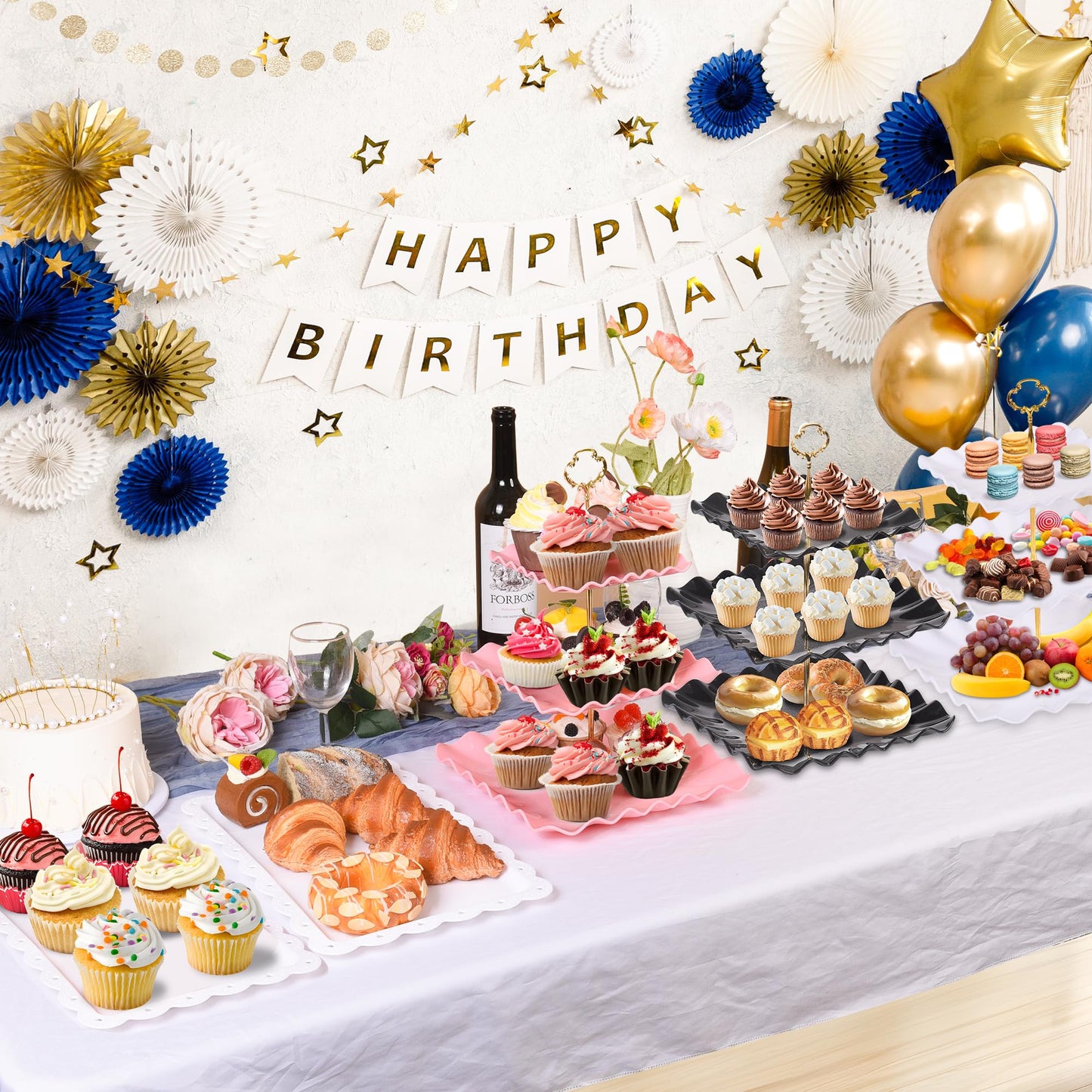 10 Pack Dessert Table Display Set - 4 x Three-Tier Square Cupcake Stands and 6 x Serving Trays, Elegant Tableware for Cakes, Cupcakes, Pastries, and Snacks, Perfect for Parties (White)