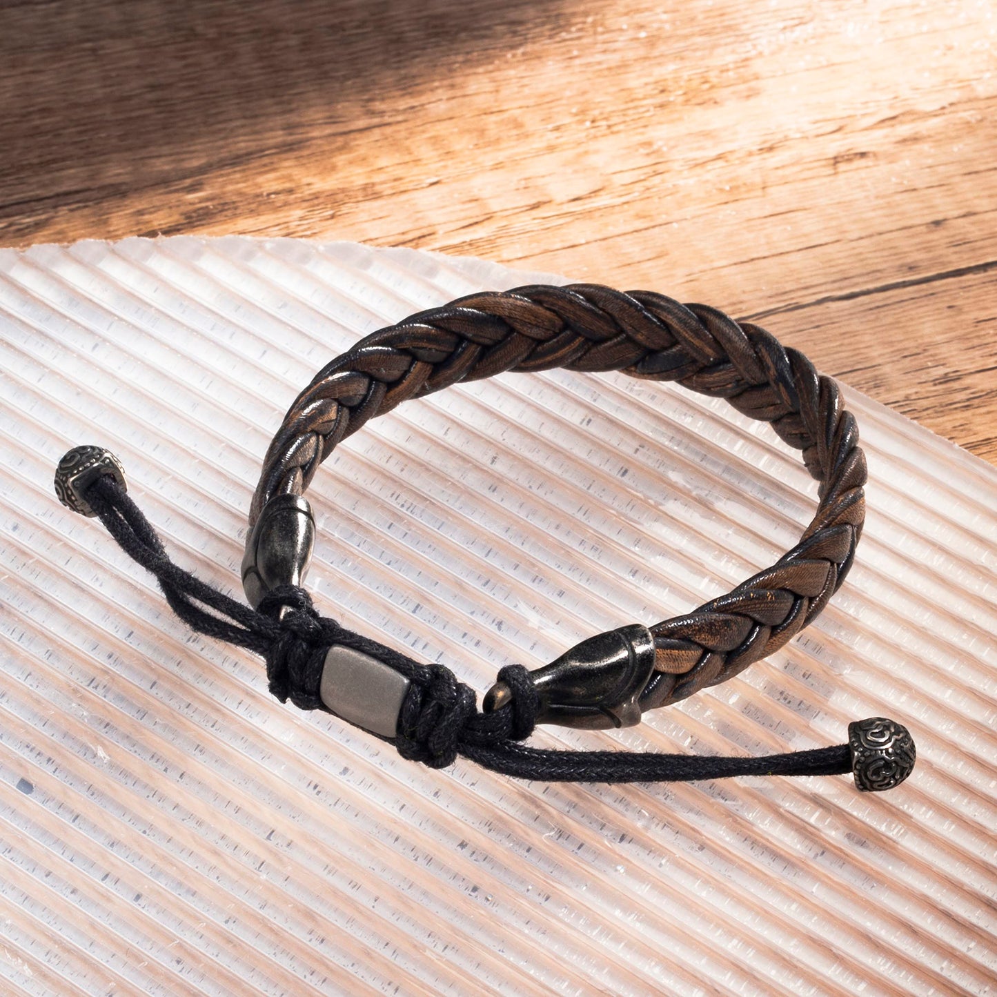 Hius Leather Bracelet for Men, Brown Adjustable Braided Leather Bracelet Wristband, Men's Leather Jewelry