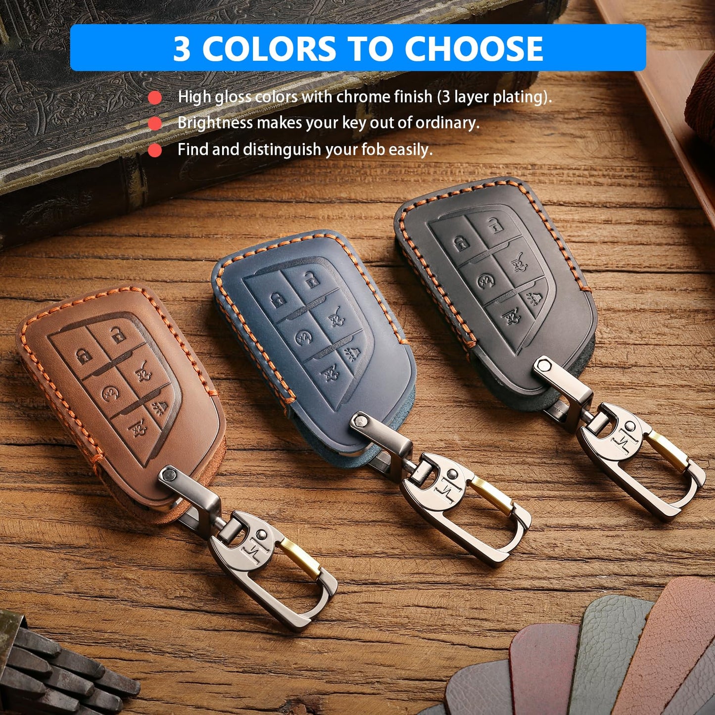 QBUC for Cadillac Premium Leather Key Fob Cover, for Cadillac Escalade CT4 CT5 Lyriq 2021-2025 XT4 XT5 2024 2025 (Black, 6-Button)