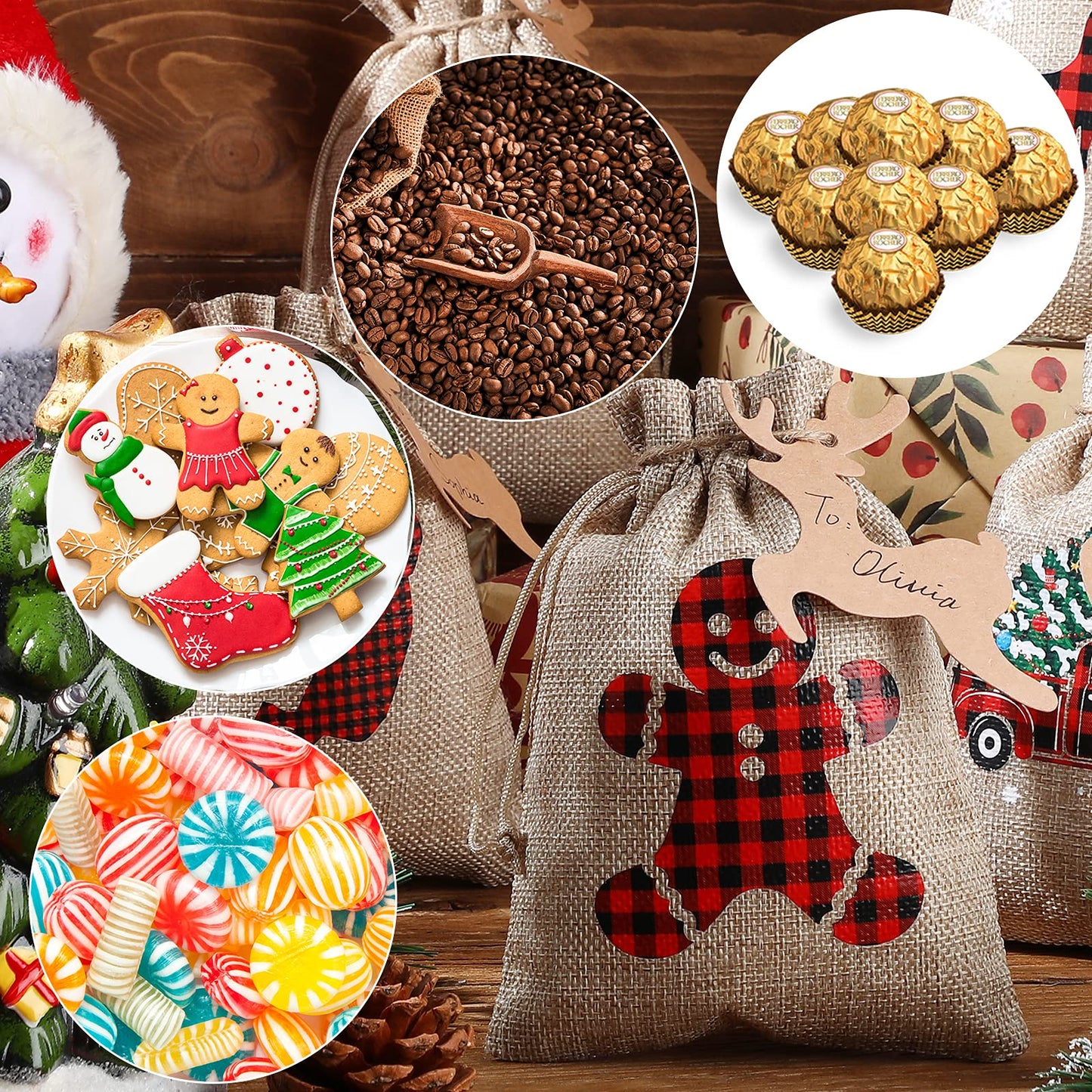 Shappy 24 Pcs Christmas Burlap Gift Bags, Small Treat Goody Bags with Drawstrings for Christmas, Featuring 12 Designs for Xmas and New Year Party Favors and Supplies(Rustic Style,7 x 5 Inch)