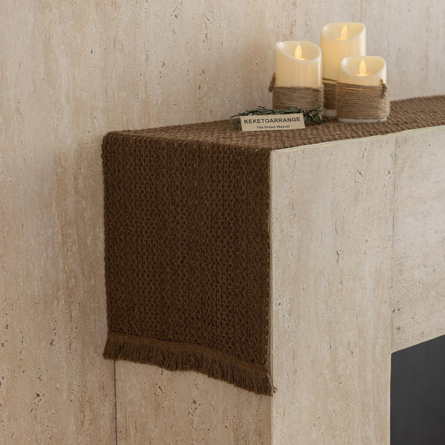 Keketoarrange Boho Brown Table Runner for Home Decor 13x72 Inches Farmhouse Small Macrame Woven Burlap Jute Rustic Coffee Table Runner Dresser Scarf Dining Kitchen Centerpiece Bohemian Decor