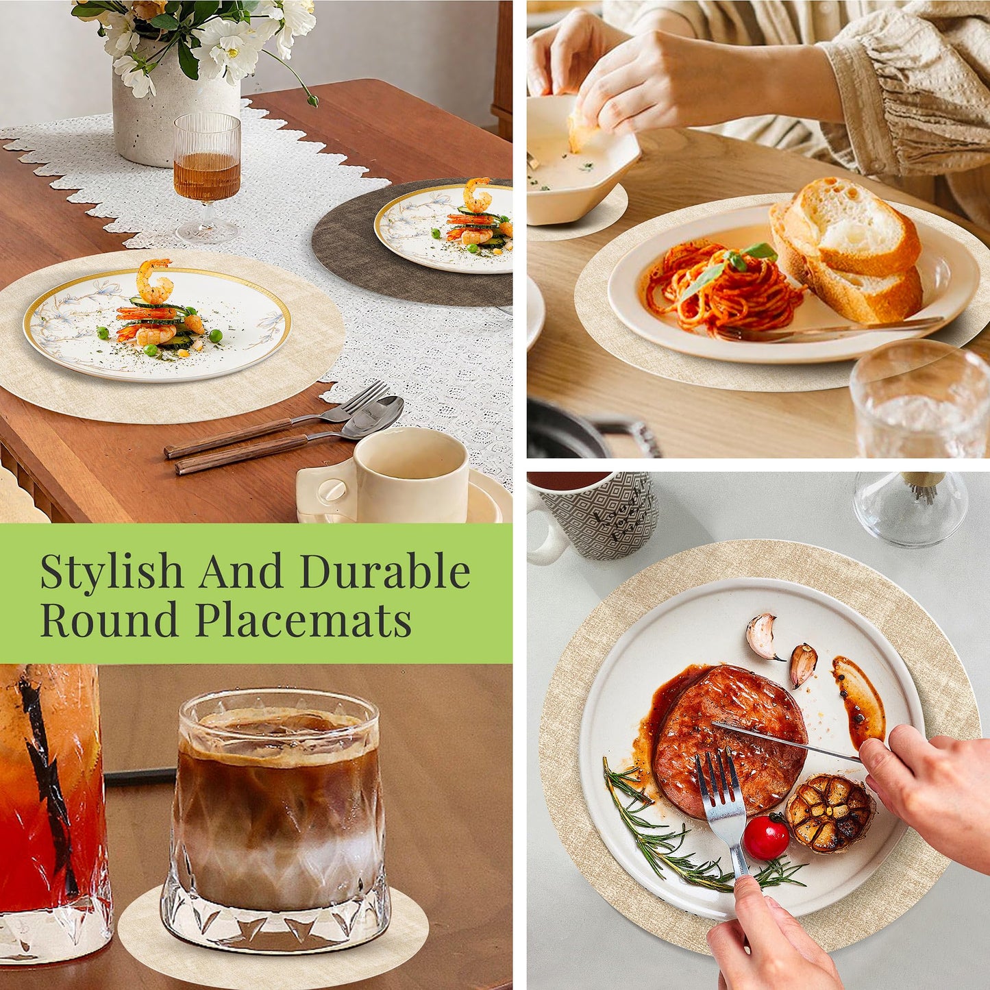 13-Inch Faux Leather Round Placemats Set of 6, Waterproof Anti-Slip Dual Sided Place mats, Heat Resistant Washable Table Mats with Coaster, Suitable for Indoor & Outdoor (6, Beige Dark Coffee)