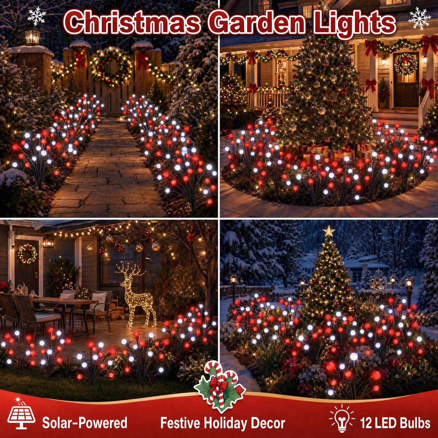 Sukesou Solar Christmas Firefly Lights, 2 Pack 6LED Red & White Solar Garden Stake Lights, IP65 Waterproof Auto On/Off Solar Powered Pathway Lights for Yard Patio Christmas Outdoor Decor