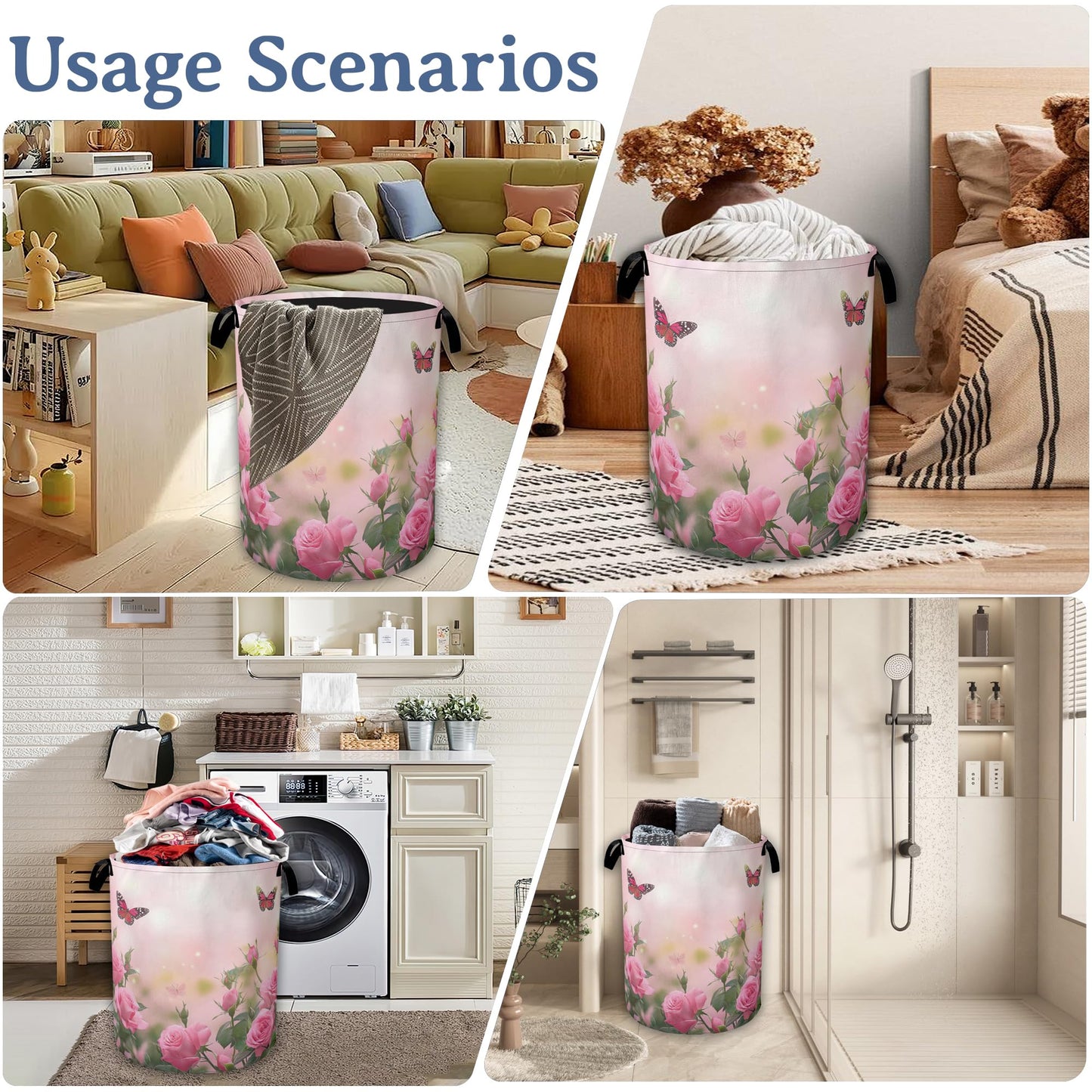 Butterfly Laundry Basket,Oxford Cloth Pink Rose Laundry Hamper With Handle Foldable Portable Clothes Storage Basket for Laundry Room/Bedroom/Bathroom 20.8"x16"