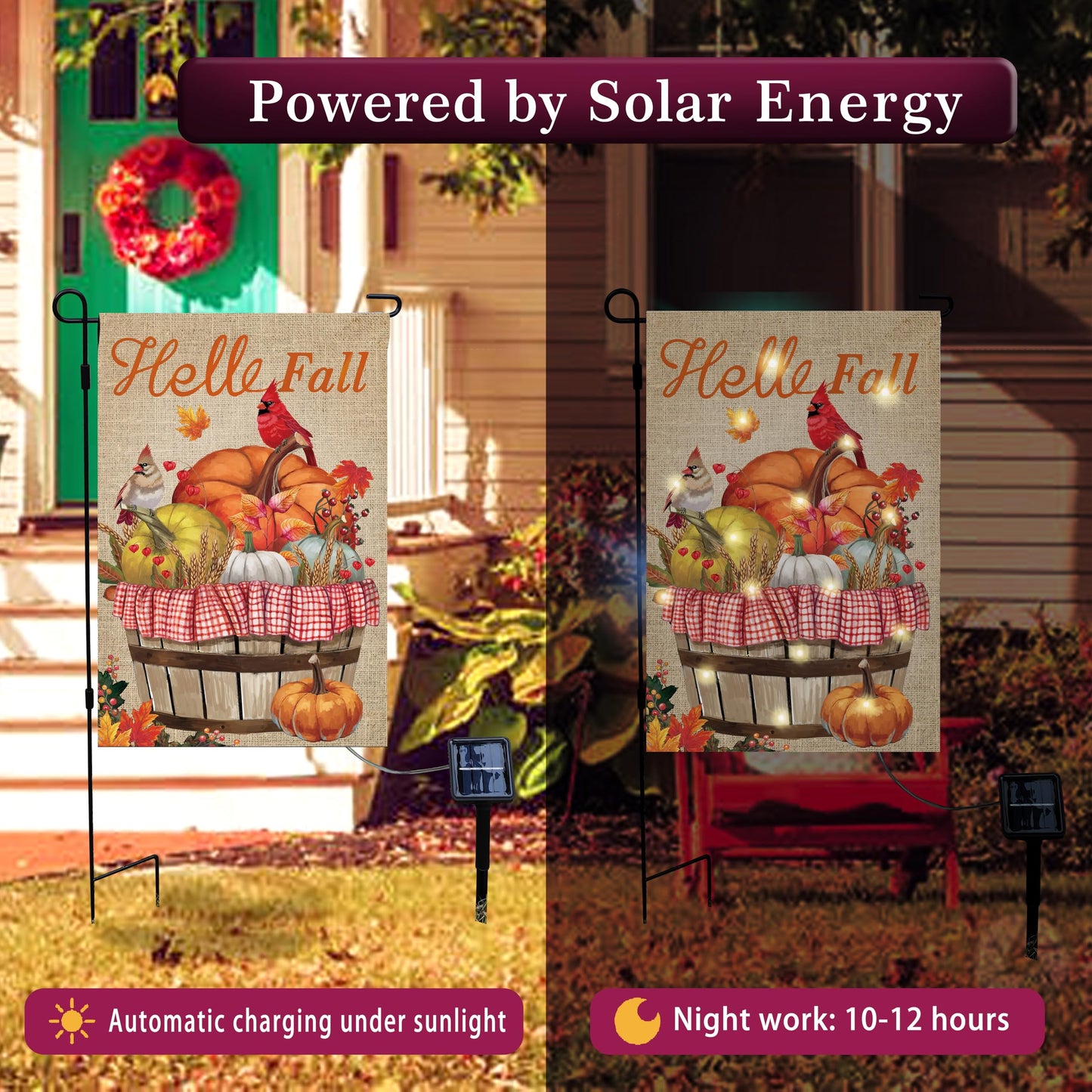 Hello Fall Pumpkin Cardinal Lighted Double Sided12 *18Small Garden Flag Solar LED 8Lighting Modes16Lights Fall Patio Home Outdoor Decor Thanksgiving Decoration Lawn Porch Decoration (Pumpkin Cardinal)