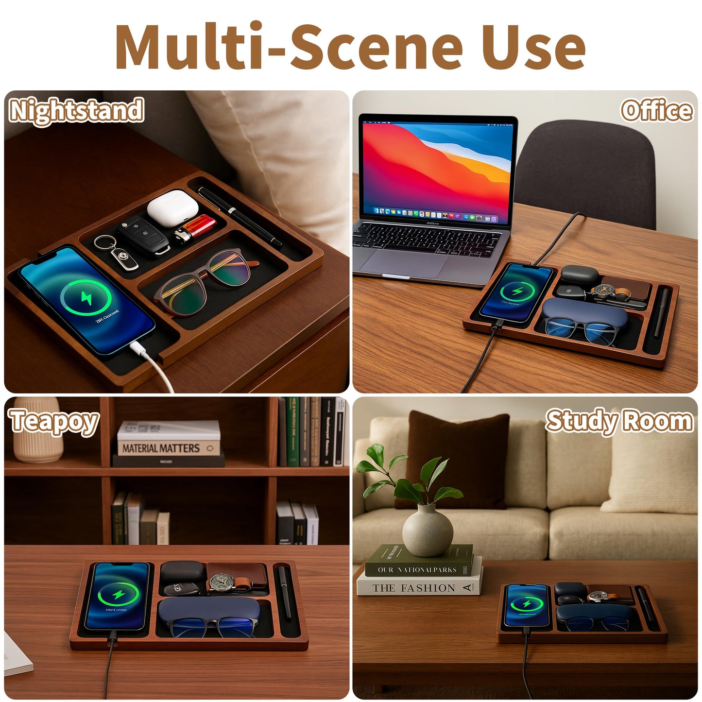 Valet Tray, Multi-Space Acacia Wood Leather Surface Desk Organizer Tray with Charging Assistance Port for Office or Study Room, Nightstand Organizer for EDC, Store Phone, Watch, Wallet, Keys, Jewelry