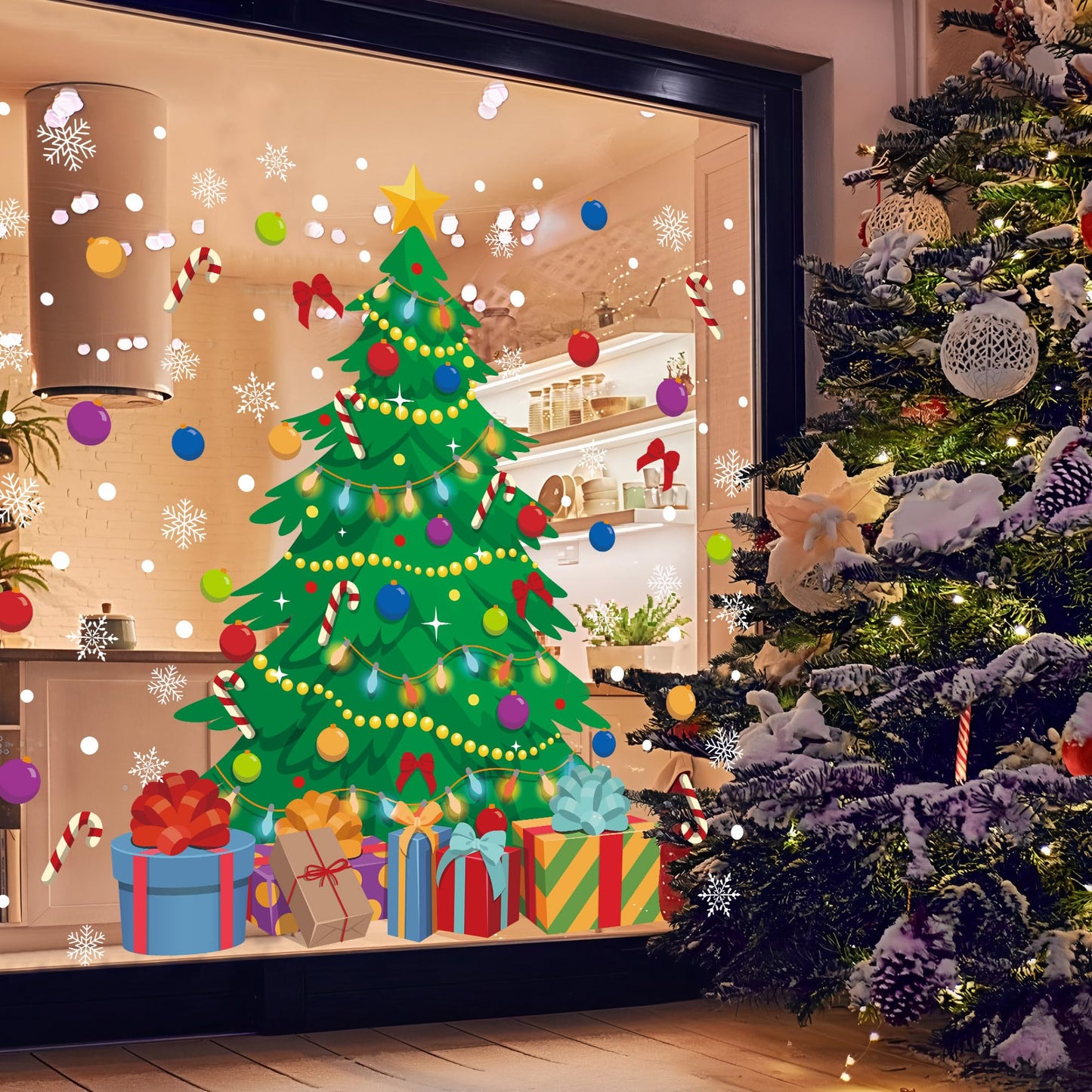 2 Sheet Christmas Tree Window Clings Extra Large Xmas Tree Snowflake Window Decals Stickers Reusable Double-Sided Christmas Windows Decorations for Xmas Winter Holiday Party Home Office Glass Decor
