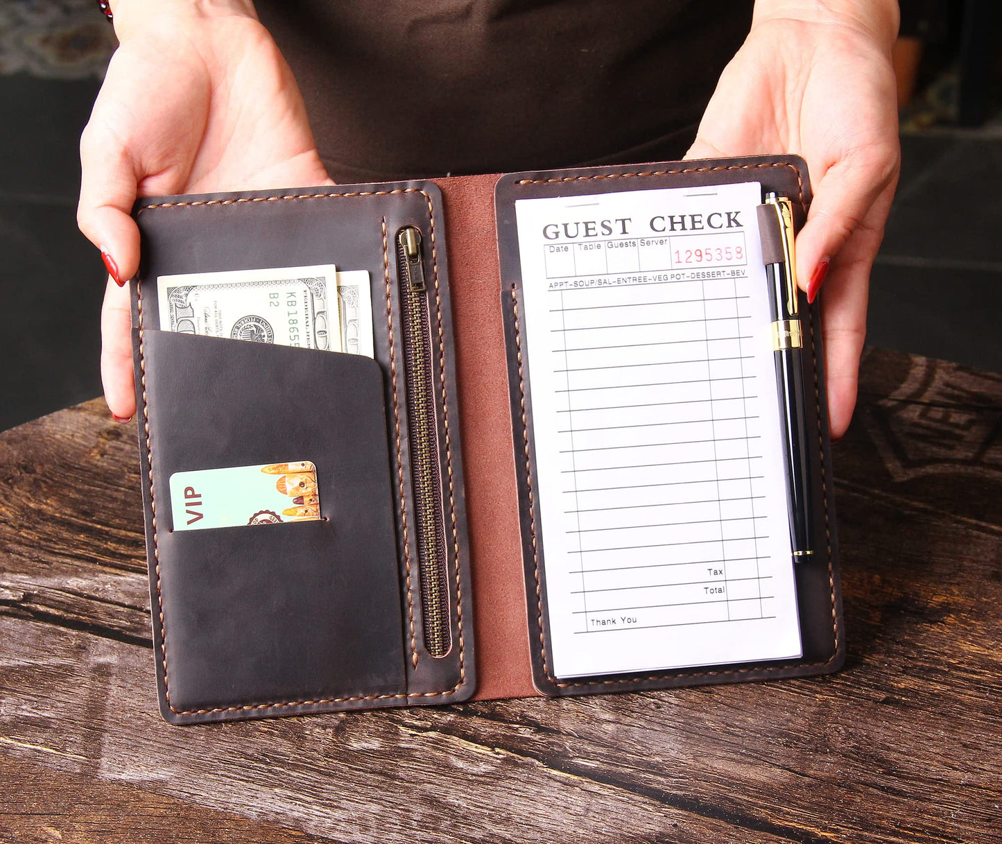 Server Book Organizer with Zipper Pocket, Genuine Leather Restaurant Guest Check Presenters Card Holder for Waitress, Waiter Accessories Fit Server Apron - Coffee