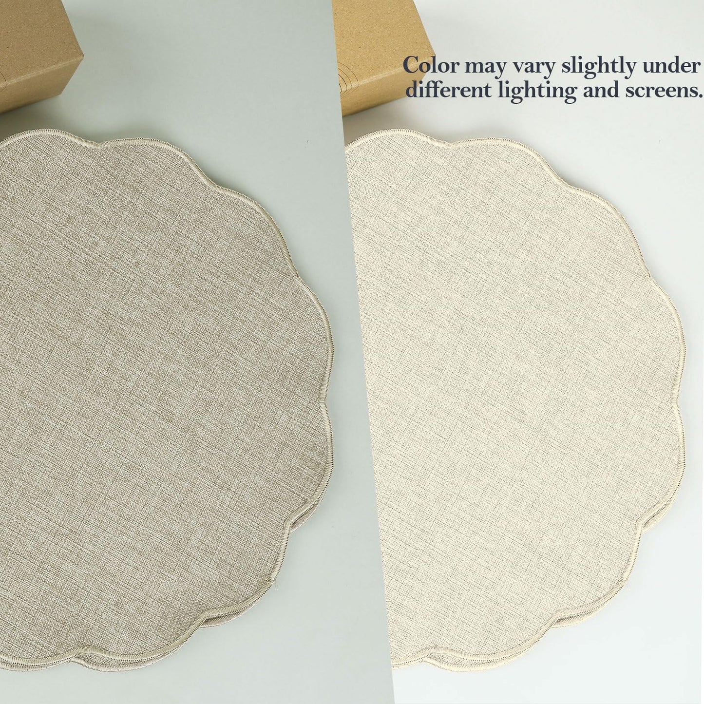 AHHFSMEI Round Faux Linen Placemats Set of 6 Waterproof Table Mats Heat Resistant Non-Slip and Stain Proof for Kitchen Dining Elegant Decor (Beige,6)