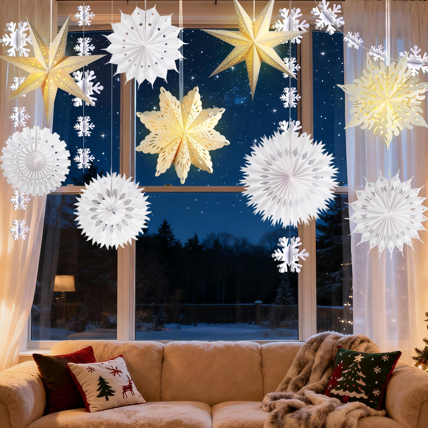 Winter Wonderland Snowflake Party Decorations, Christmas Hanging Decor, White Paper Star Snowflake Lanterns with Lights Paper Fans Garlands Set for Christmas Frozen Winter Birthday Wedding Party Decor