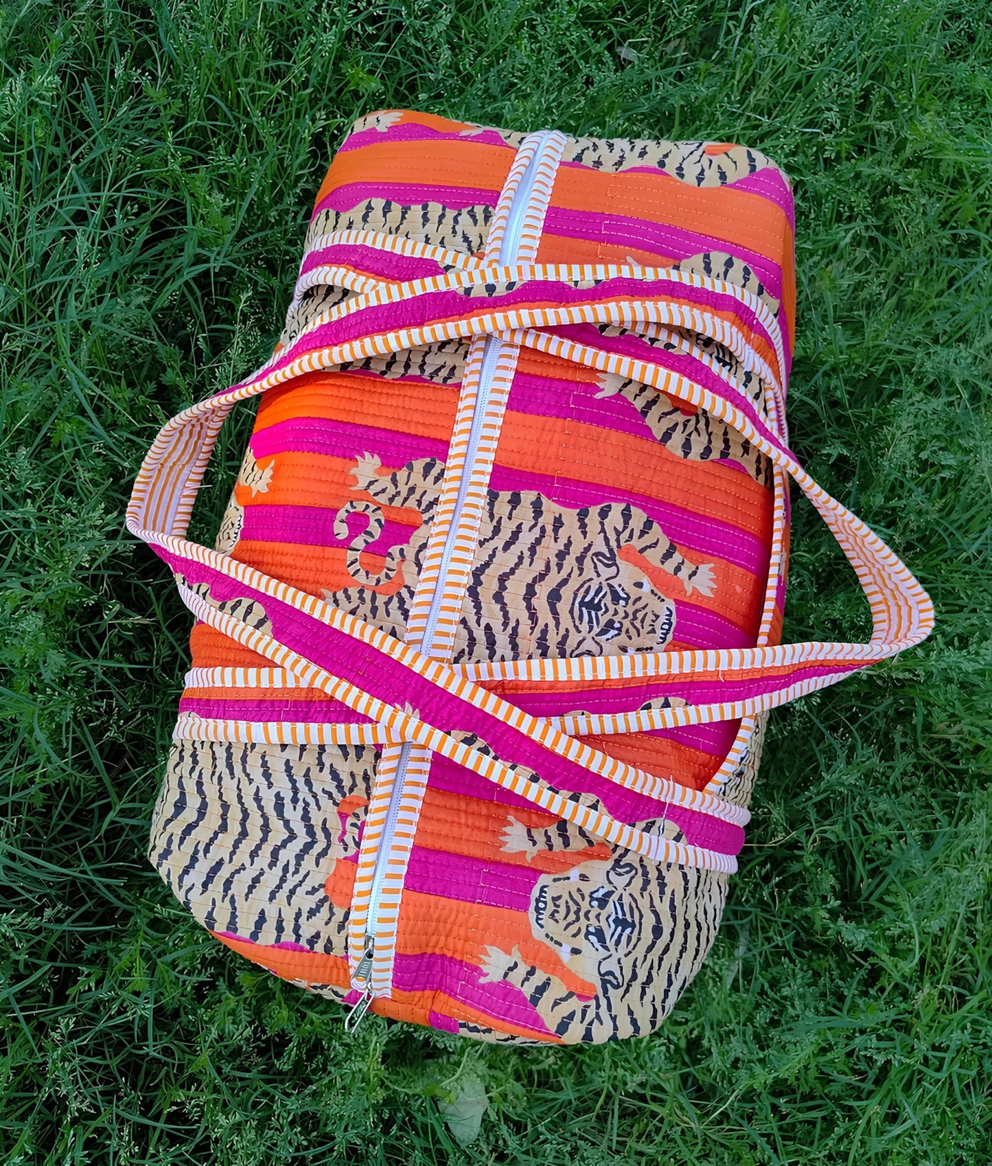 INDACORIFY Indian Cotton Tiger Print Quilted Duffle Bag Large Size Beautiful Print Weekender Bags Handmade Shoulder Travel Overnight Bag