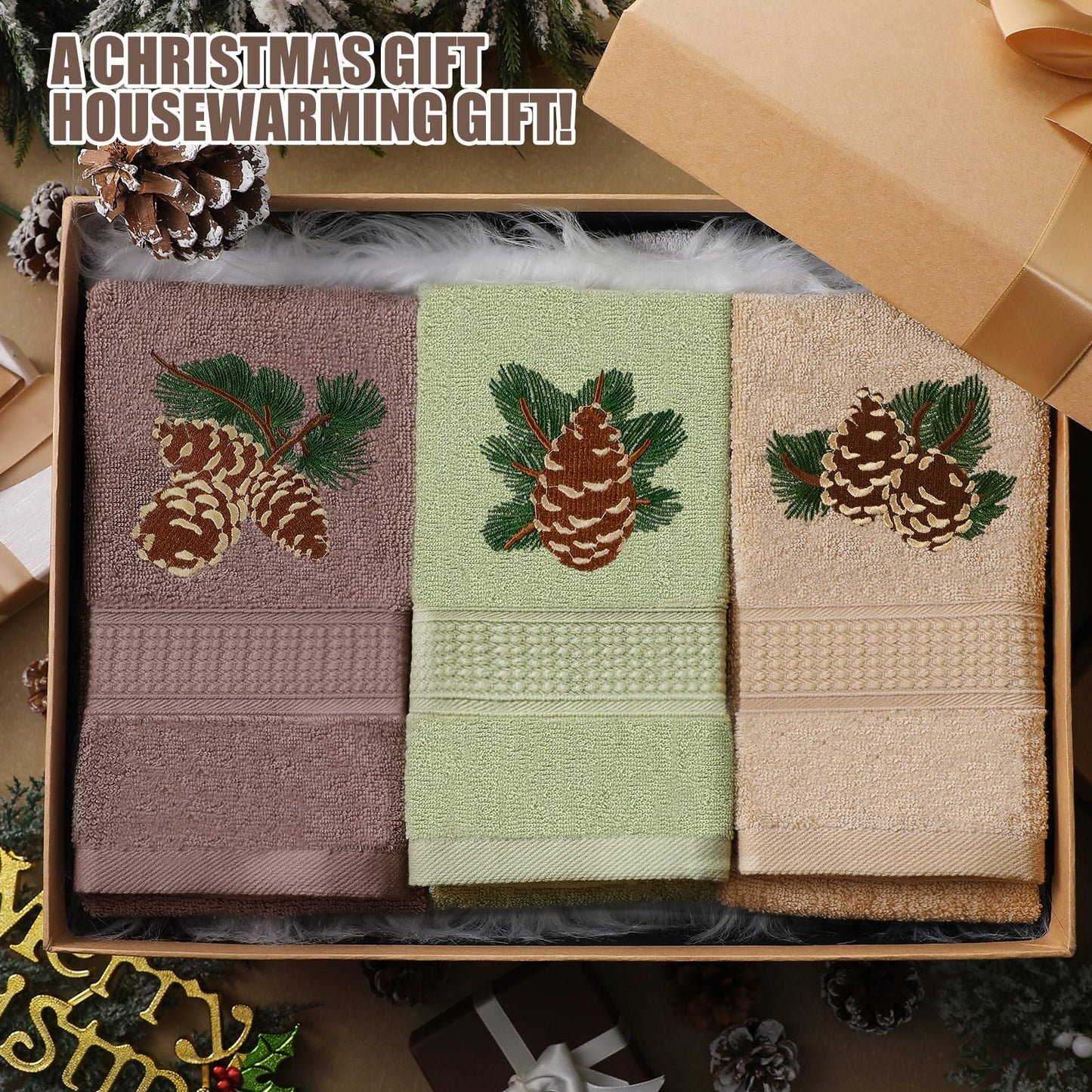 FuWeave 3 Pcs Rustic Pine Cone Hand Towels for Bathroom Christmas Decor, Pinecones Branch Embroidered Decorative Towels for Bathroom Kitchen Holiday Decor, 100% Cotton, 13.3 x 29.5''