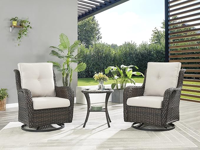 Rilyson Wicker Rocking Chair Swivel Chairs – 6 Piece Rocker Patio Furniture Set Rattan Rocking Bistro Sets with Glass Top Side Table for Outdoor Porch Deck Garden Backyard(Brown/Beige)
