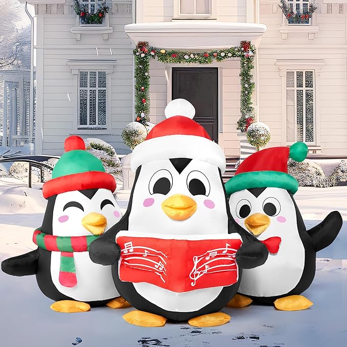 JOIEDOMI 6 FT Long Christmas Inflatable Penguins Choir with Build-in LEDs, Xmas Blow Up Penguins Outdoor Decorations for Xmas Party Yard Outside Indoor Garden Lawn Decor